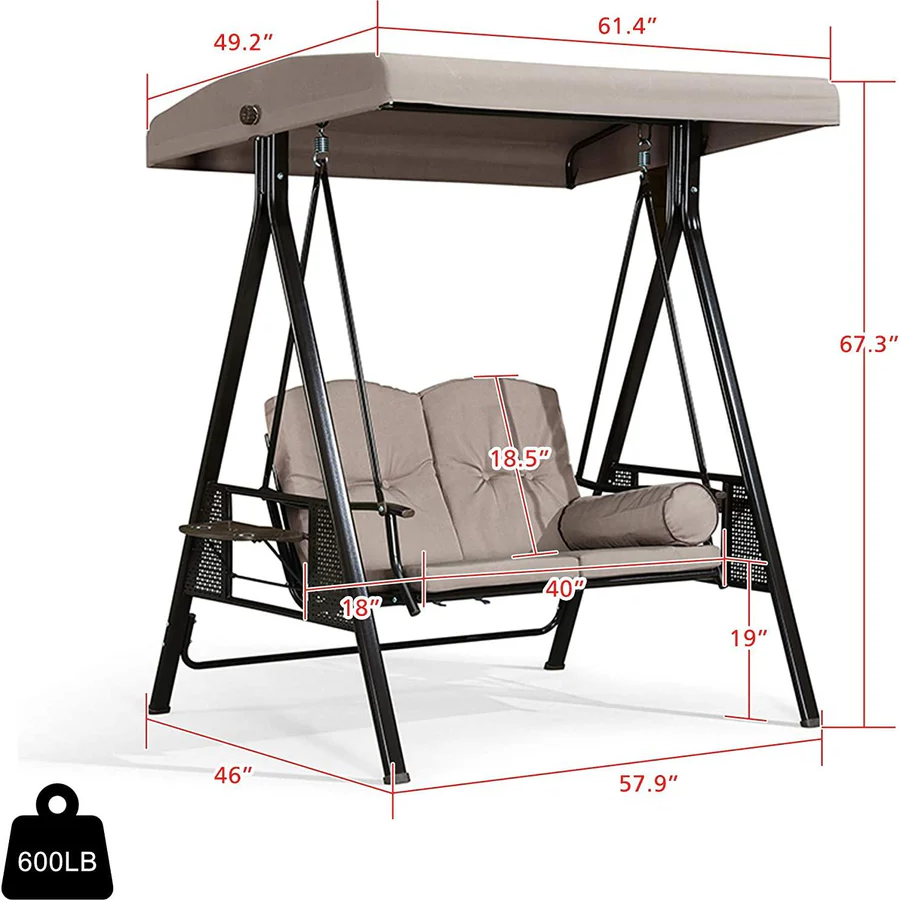 Patio Porch Swing with Weather Resistant Steel Frame, Adjustable Tilt Canopy