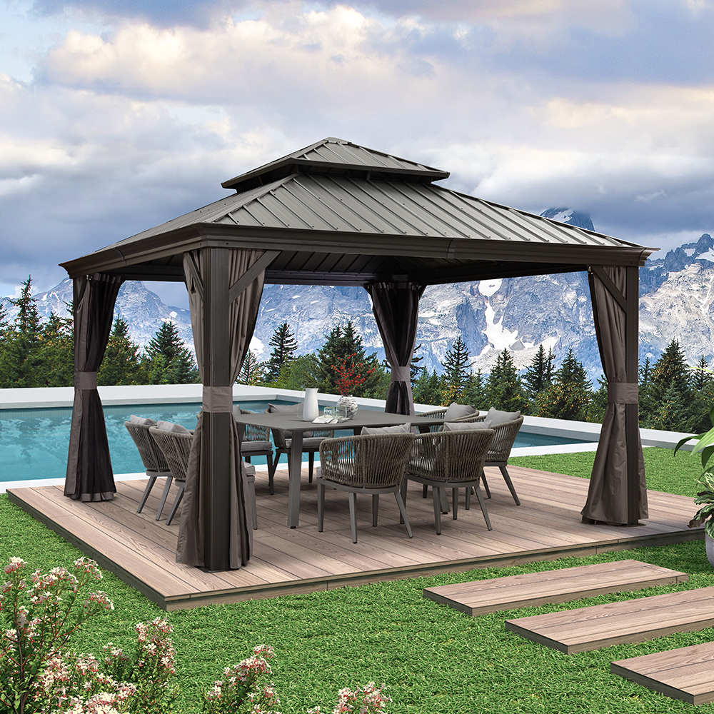 PURPLE LEAF Patio Gazebo For Backyard Grey Hardtop Galvanized Steel Roof Awning With Upgrade Curtain