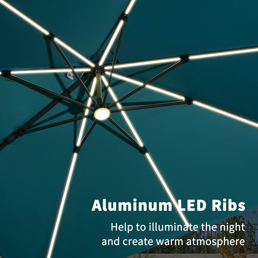 PURPLE LEAF 10'×10' Patio Umbrella Outdoor Cantilever Solar Powered LED Square Umbrella Aluminum Offset Umbrella