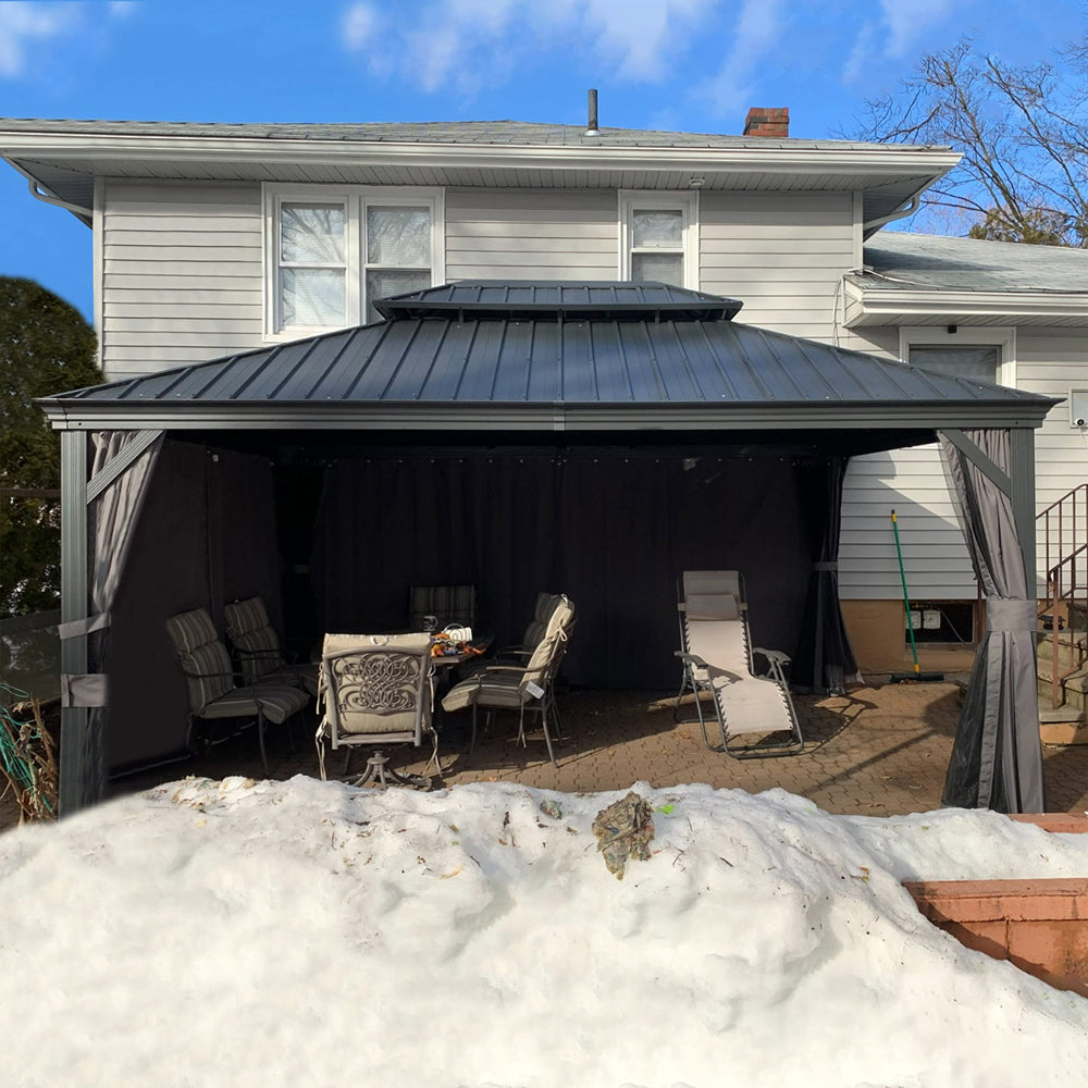 PURPLE LEAF Patio Gazebo For Backyard Grey Hardtop Galvanized Steel Roof Awning With Upgrade Curtain