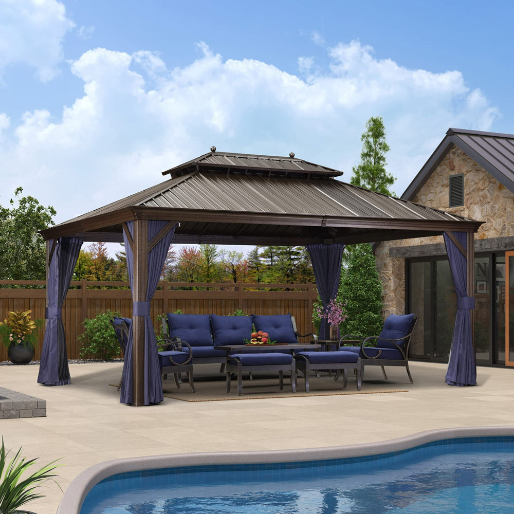 PURPLE LEAF Outdoor Hardtop Gazebo For Patio Bronze Aluminum Frame Pavilion With Navy-Blue Curtain