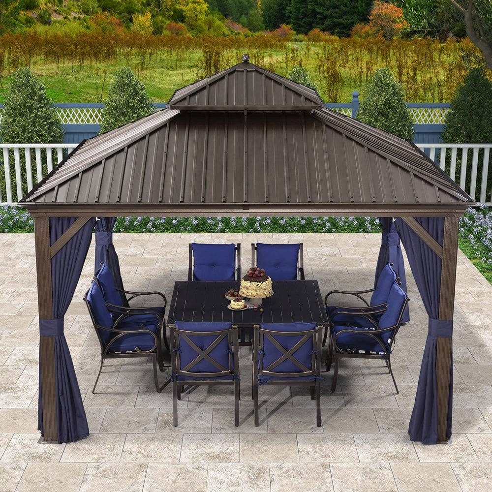 PURPLE LEAF Outdoor Hardtop Gazebo For Patio Bronze Aluminum Frame Pavilion With Navy-Blue Curtain