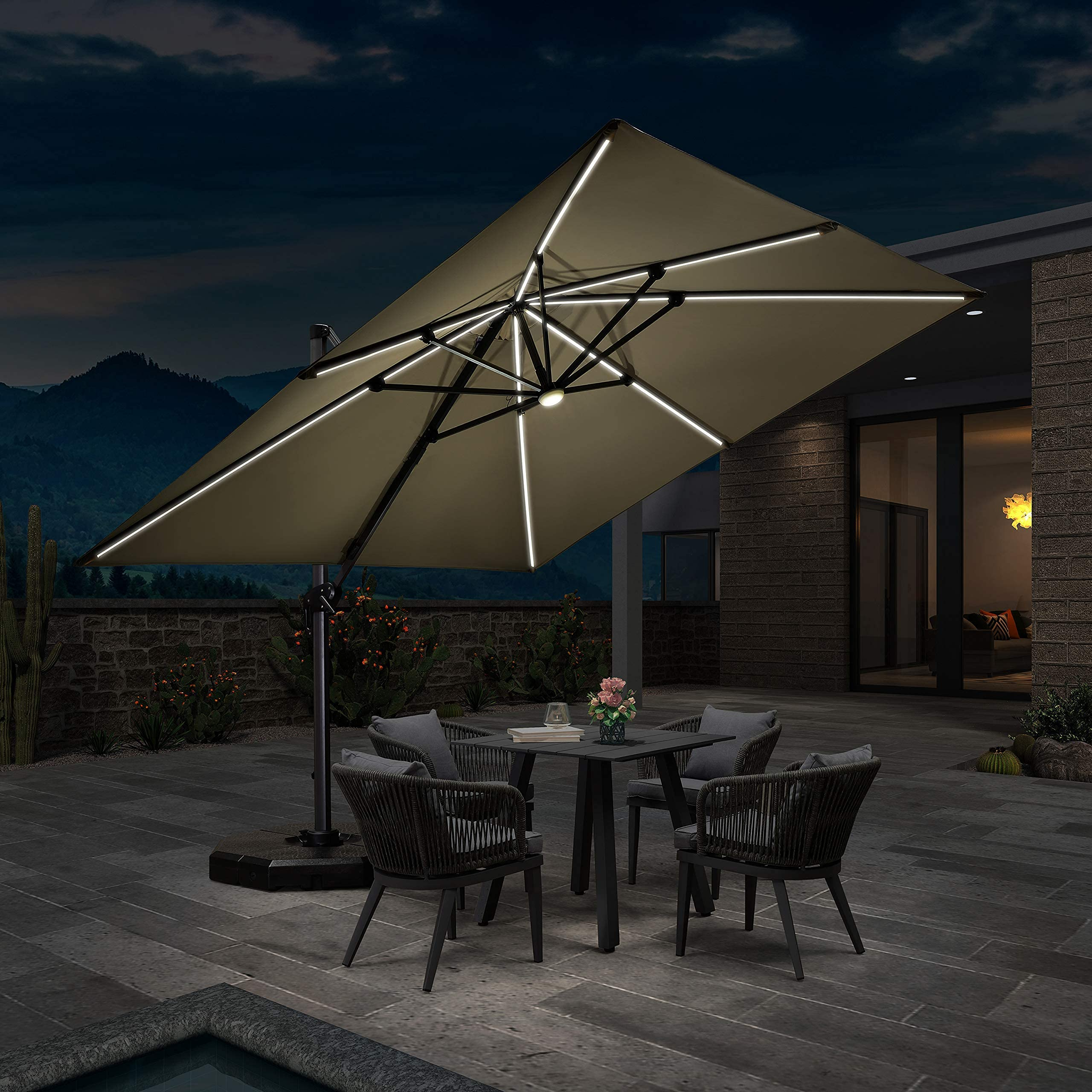 PURPLE LEAF 10'×10' Patio Umbrella Outdoor Cantilever Solar Powered LED Square Umbrella Aluminum Offset Umbrella
