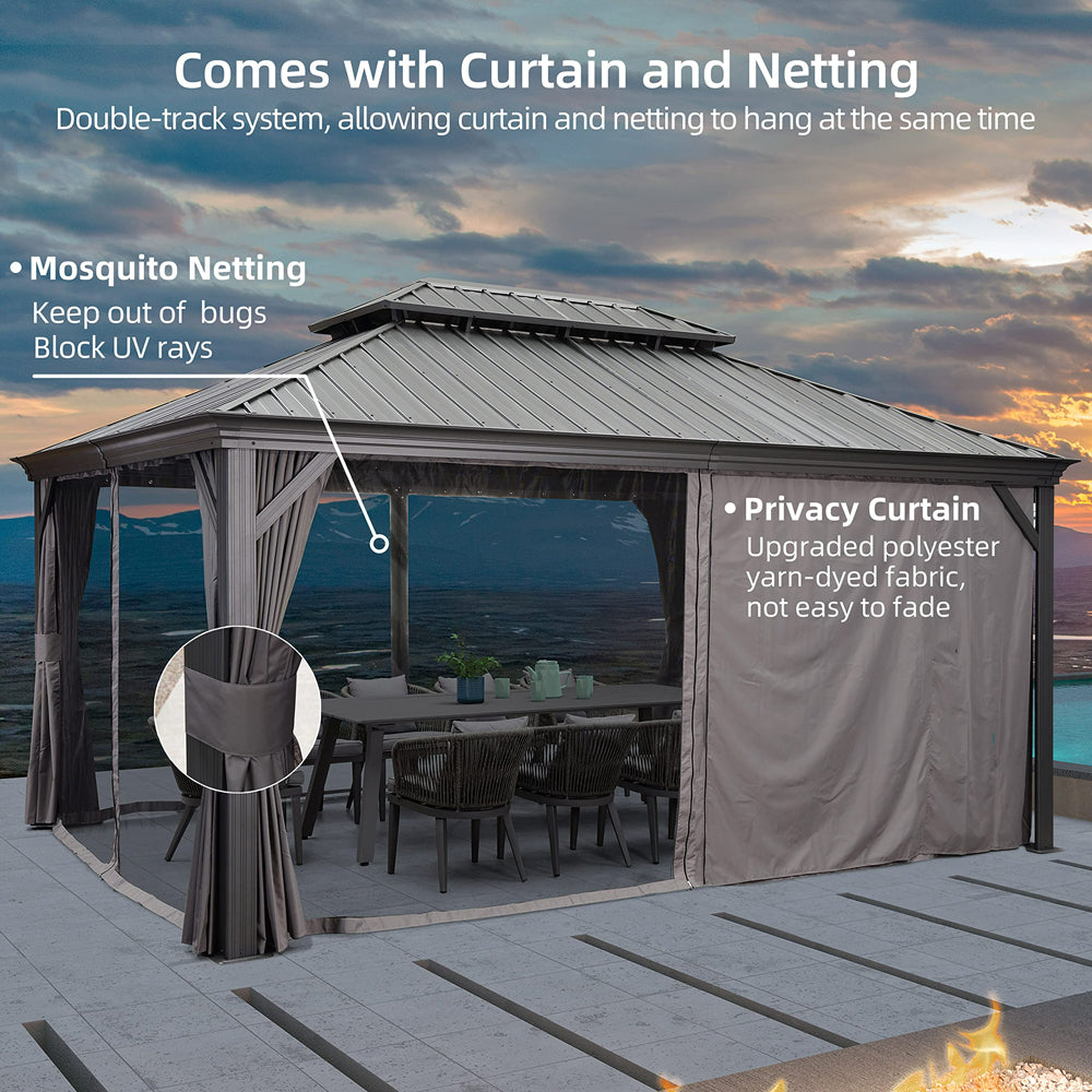 PURPLE LEAF Patio Gazebo For Backyard Grey Hardtop Galvanized Steel Roof Awning With Upgrade Curtain