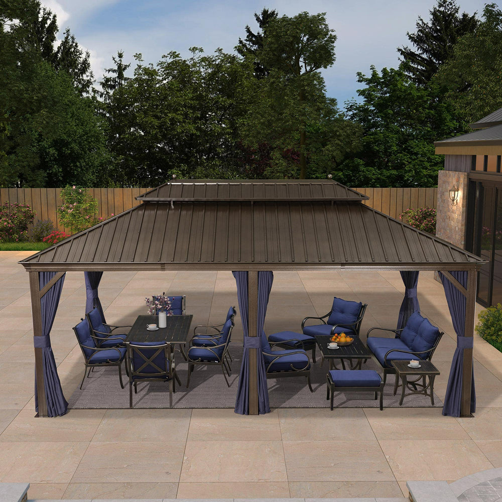 PURPLE LEAF Outdoor Hardtop Gazebo For Patio Bronze Aluminum Frame Pavilion With Navy-Blue Curtain
