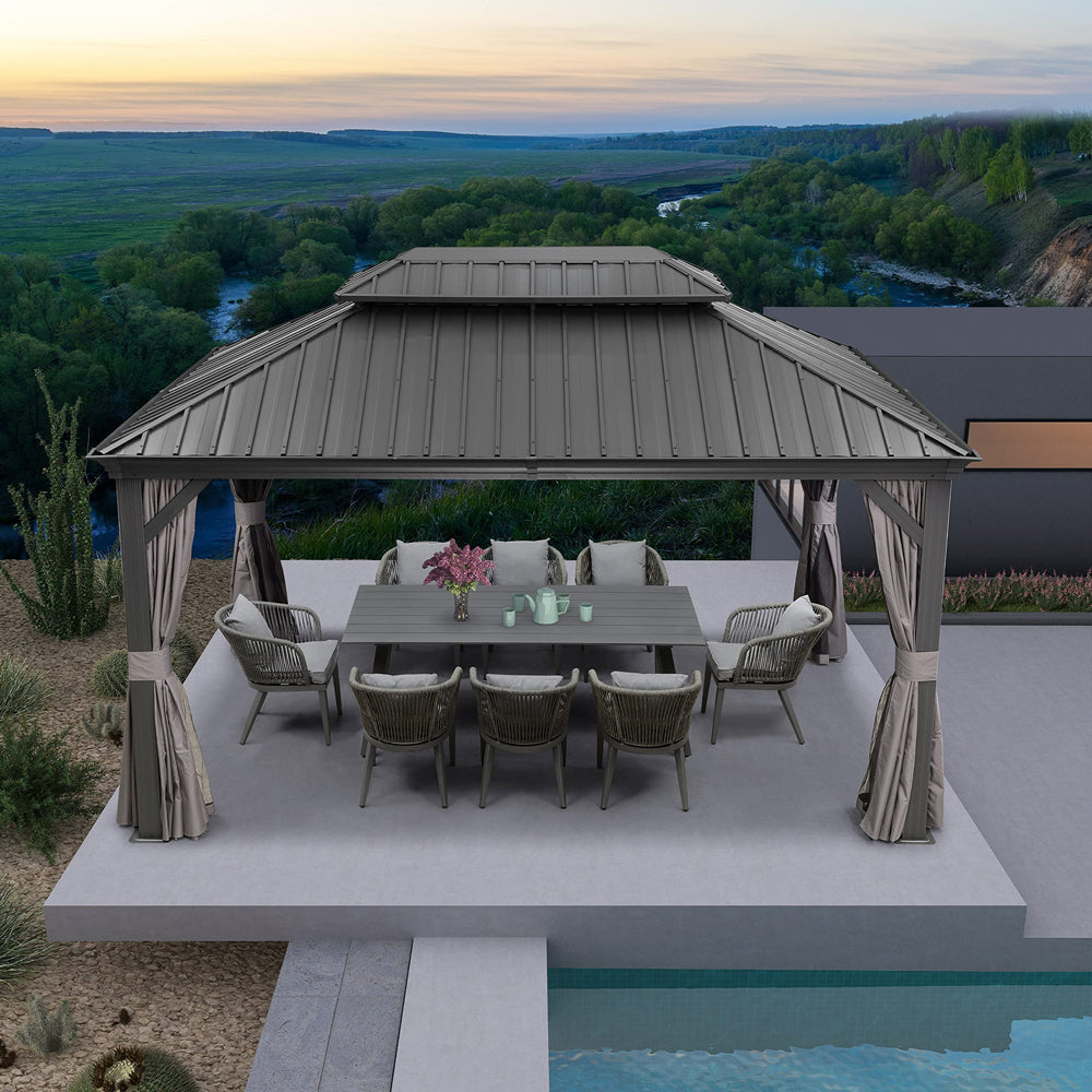 PURPLE LEAF Patio Gazebo For Backyard Grey Hardtop Galvanized Steel Roof Awning With Upgrade Curtain