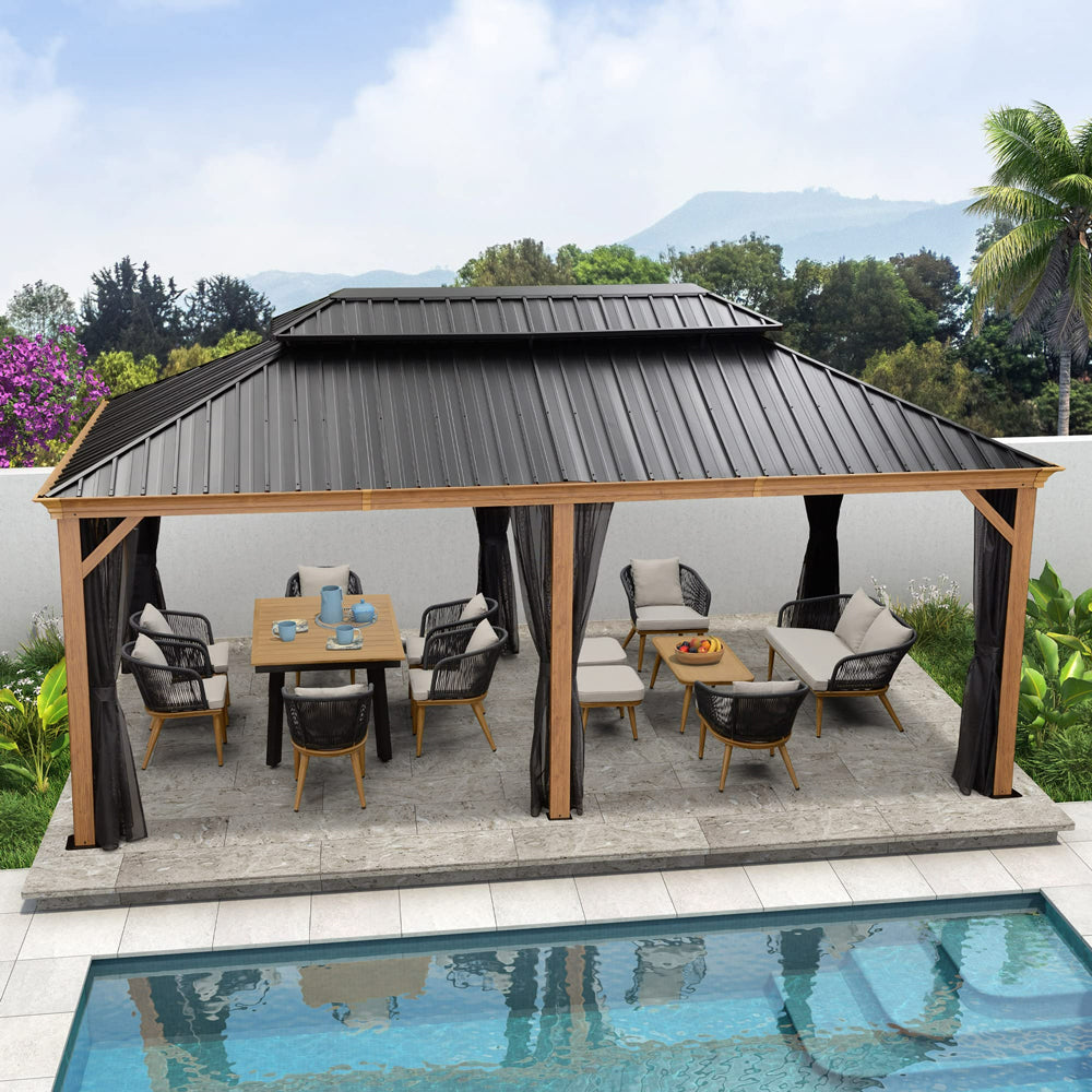 PURPLE LEAF Hardtop Gazebo For Patio Wood Grain Galvanized Steel Frame Awning With Netting