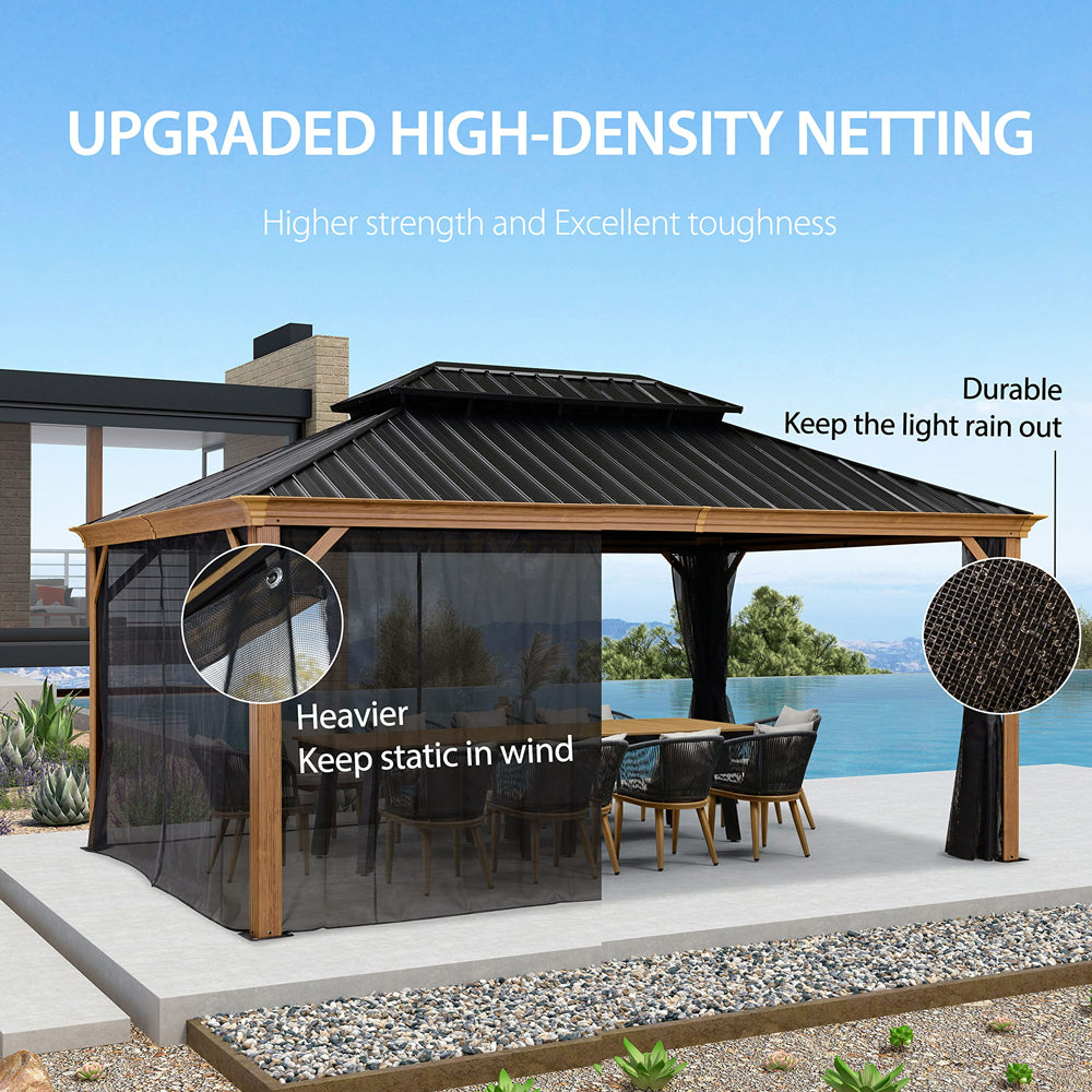 PURPLE LEAF Hardtop Gazebo For Patio Wood Grain Galvanized Steel Frame Awning With Netting
