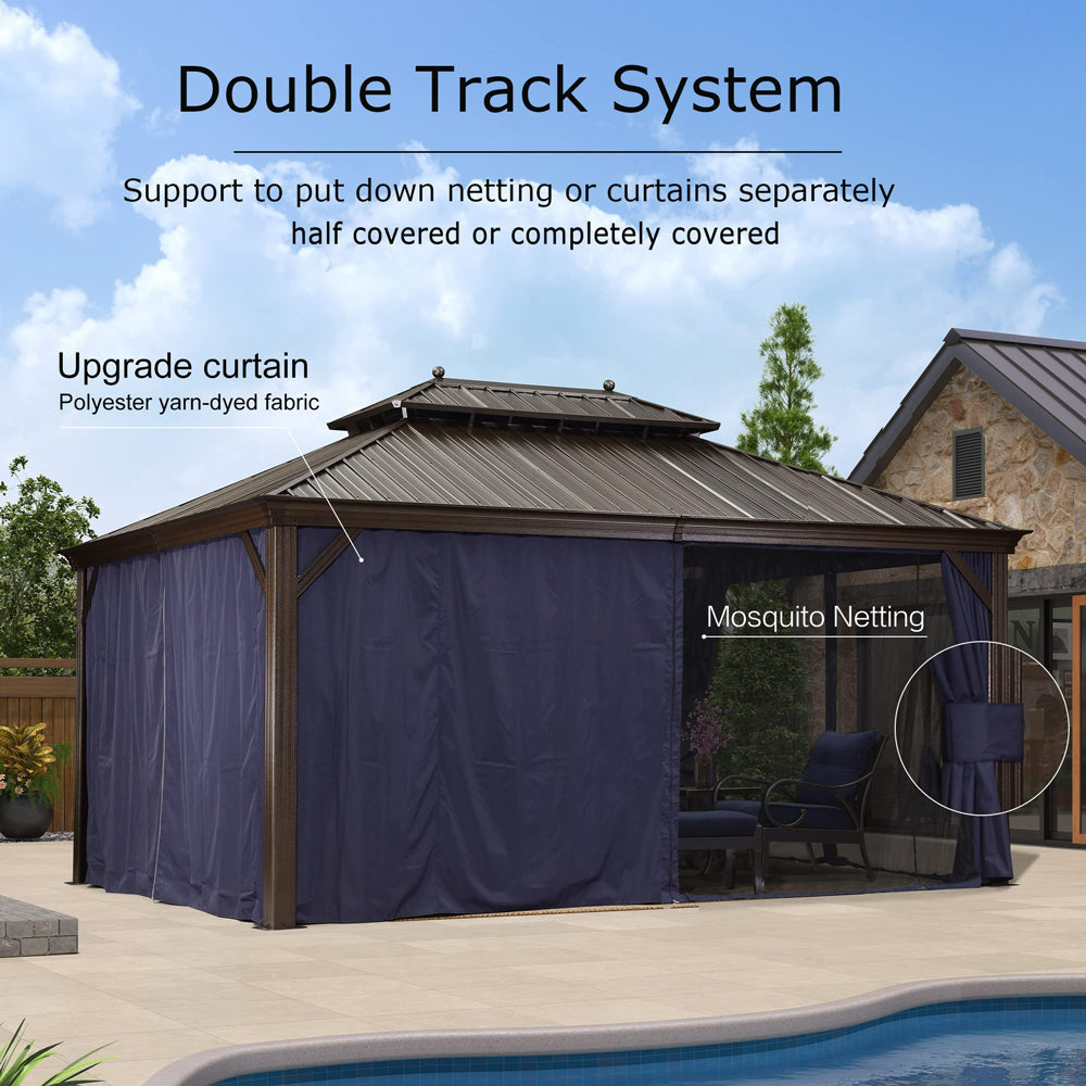 PURPLE LEAF Outdoor Hardtop Gazebo For Patio Bronze Aluminum Frame Pavilion With Navy-Blue Curtain