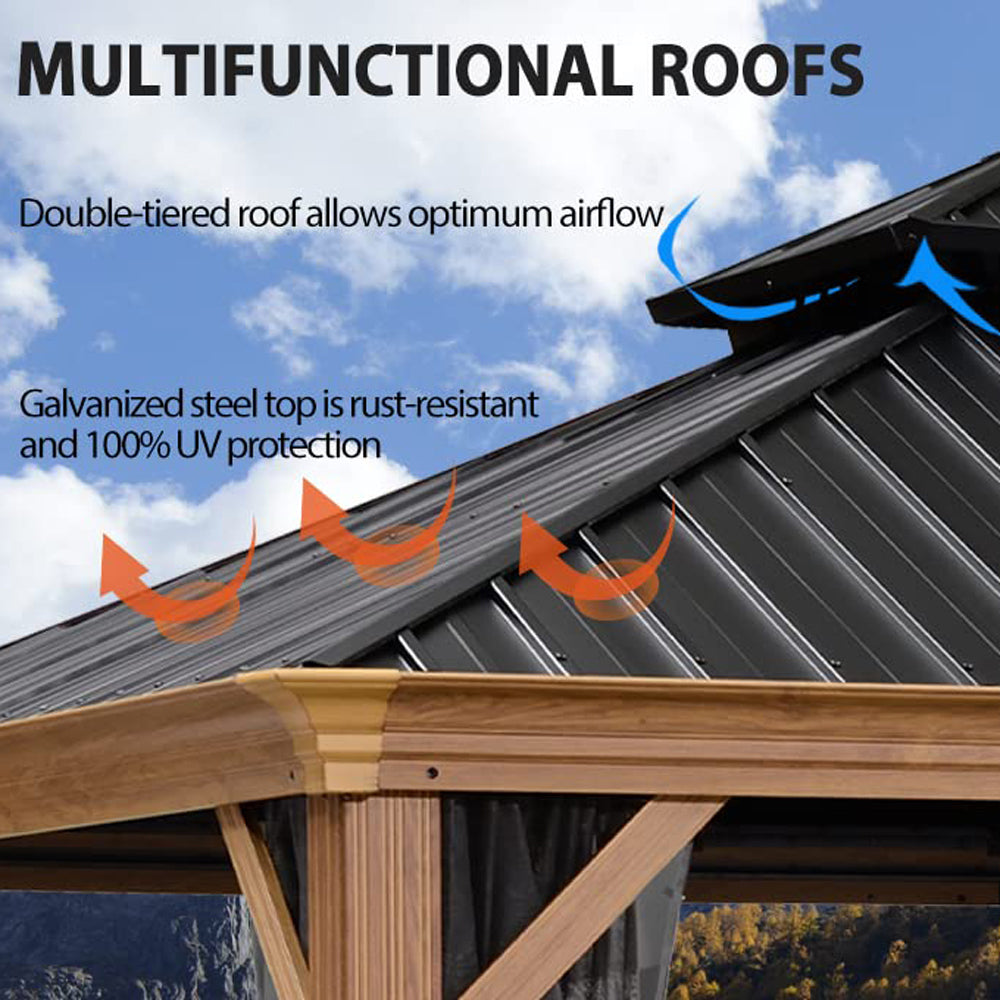 PURPLE LEAF Hardtop Gazebo For Patio Wood Grain Galvanized Steel Frame Awning With Netting