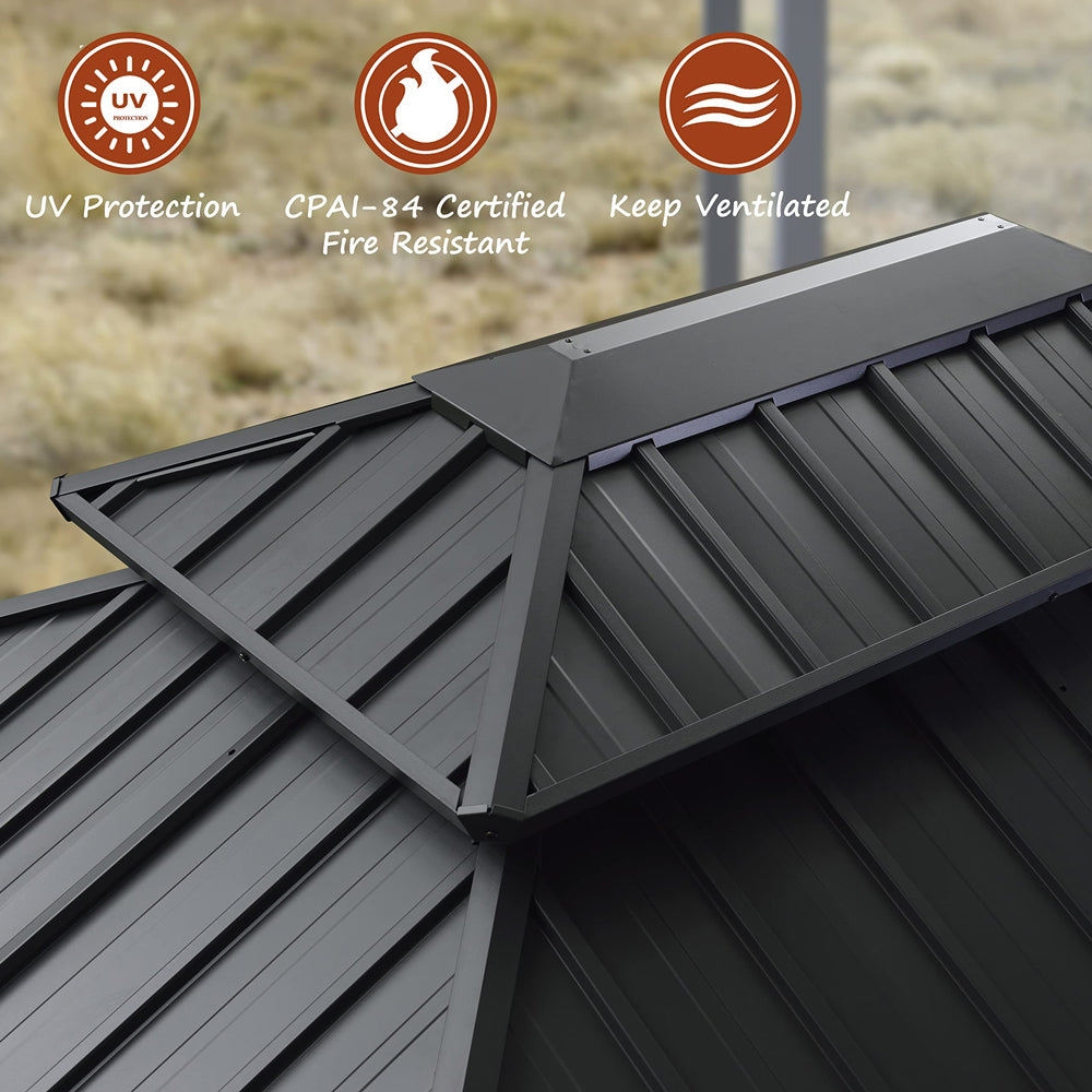 PURPLE LEAF Patio Gazebo For Backyard Grey Hardtop Galvanized Steel Roof Awning With Upgrade Curtain