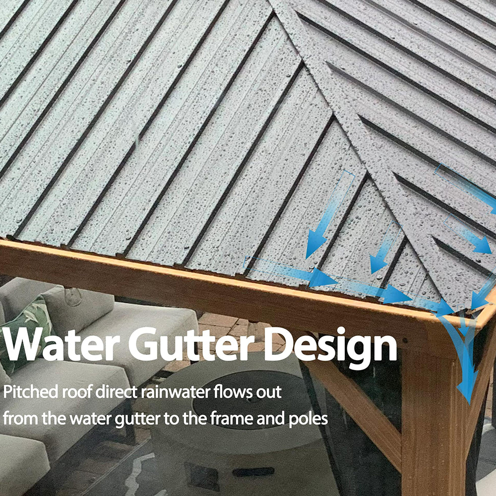 PURPLE LEAF Hardtop Gazebo For Patio Wood Grain Galvanized Steel Frame Awning With Netting