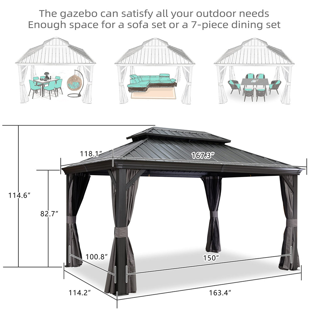 PURPLE LEAF Patio Gazebo For Backyard Grey Hardtop Galvanized Steel Roof Awning With Upgrade Curtain