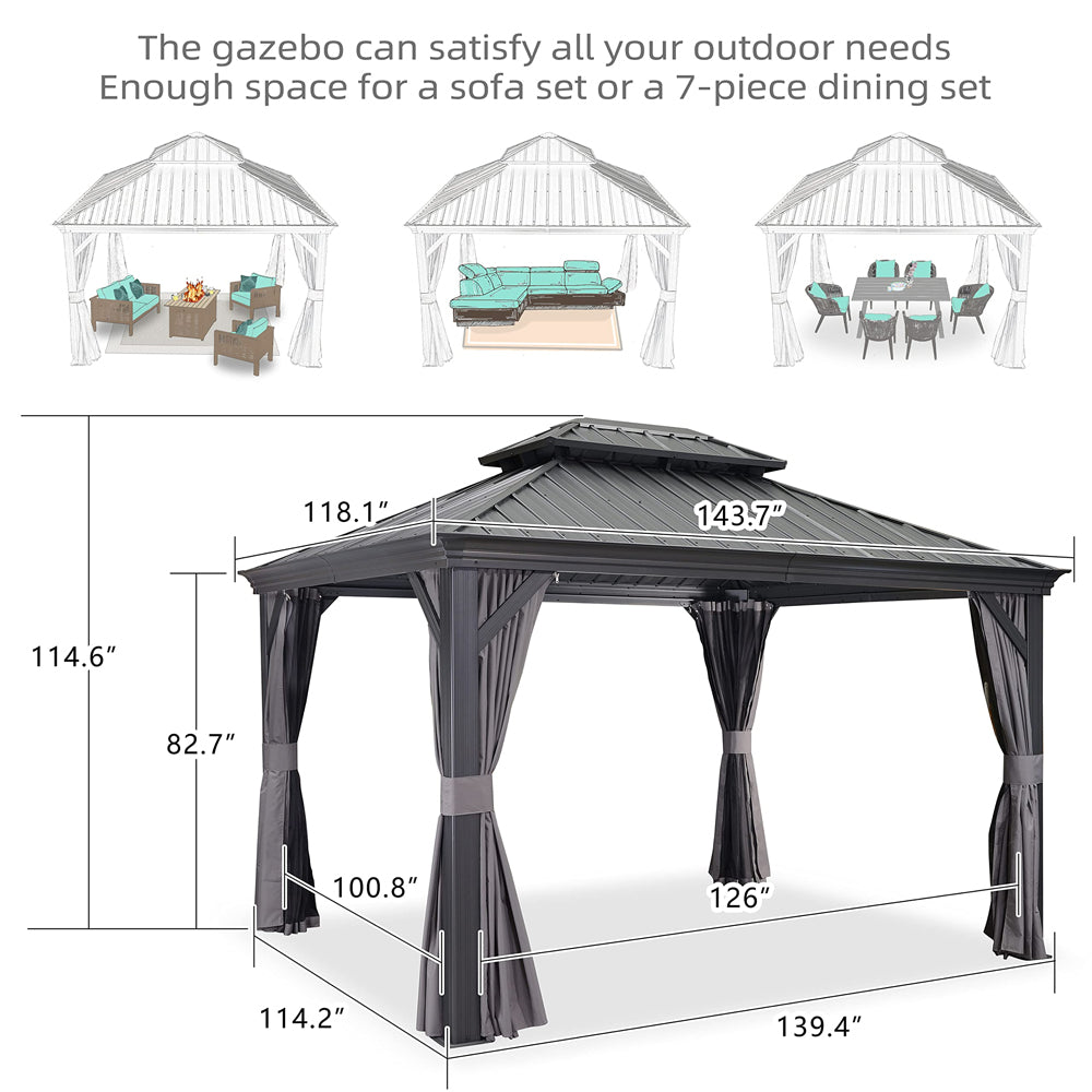 PURPLE LEAF Patio Gazebo For Backyard Grey Hardtop Galvanized Steel Roof Awning With Upgrade Curtain