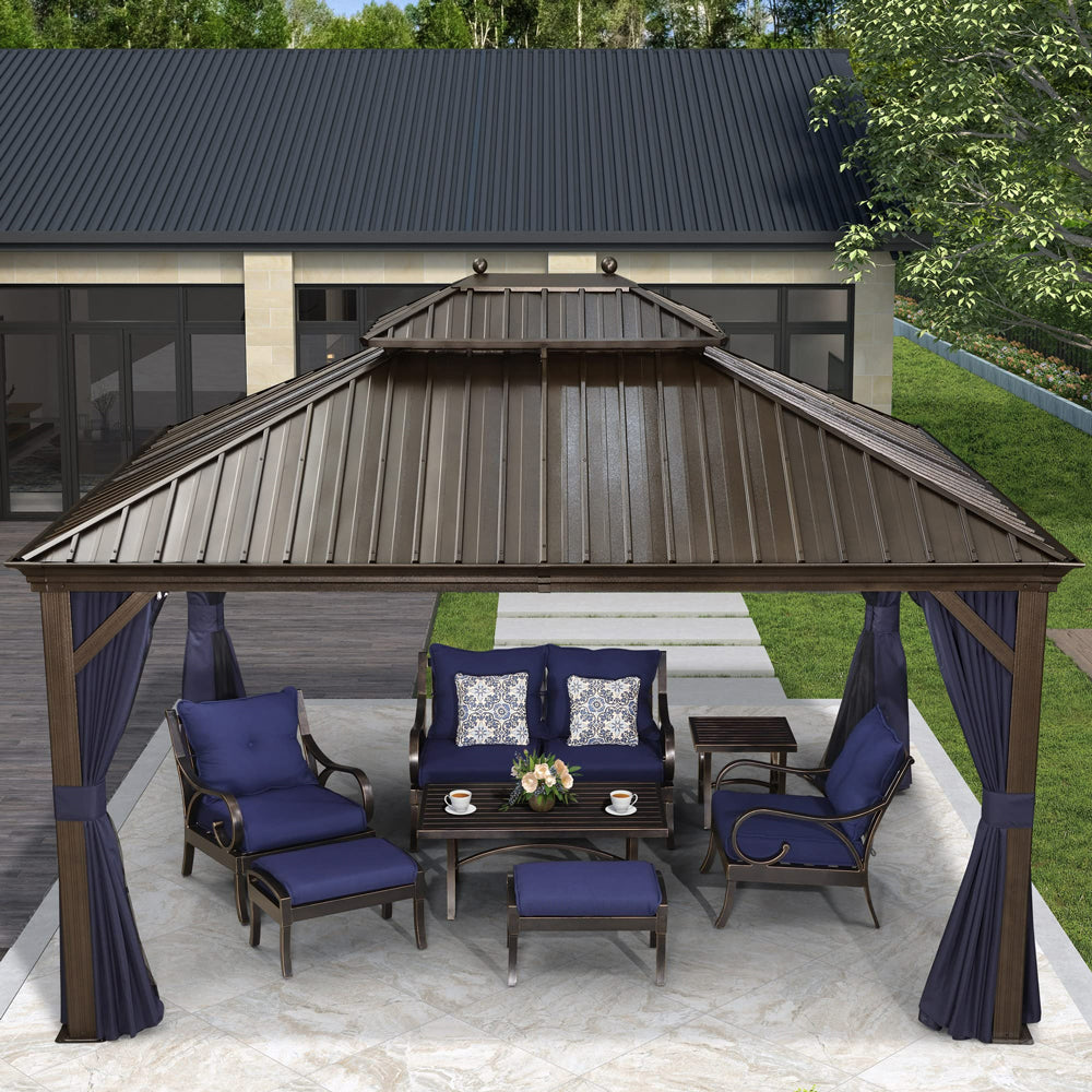 PURPLE LEAF Outdoor Hardtop Gazebo For Patio Bronze Aluminum Frame Pavilion With Navy-Blue Curtain