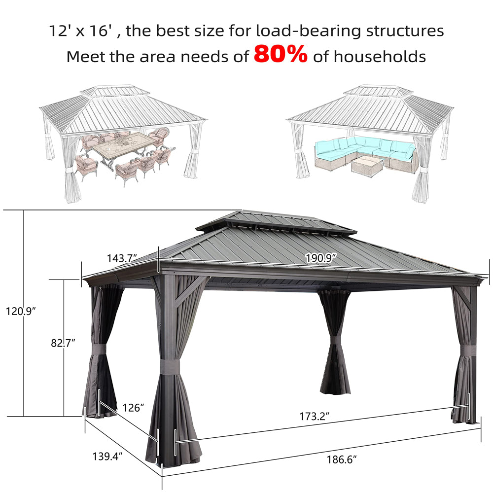 PURPLE LEAF Patio Gazebo For Backyard Grey Hardtop Galvanized Steel Roof Awning With Upgrade Curtain
