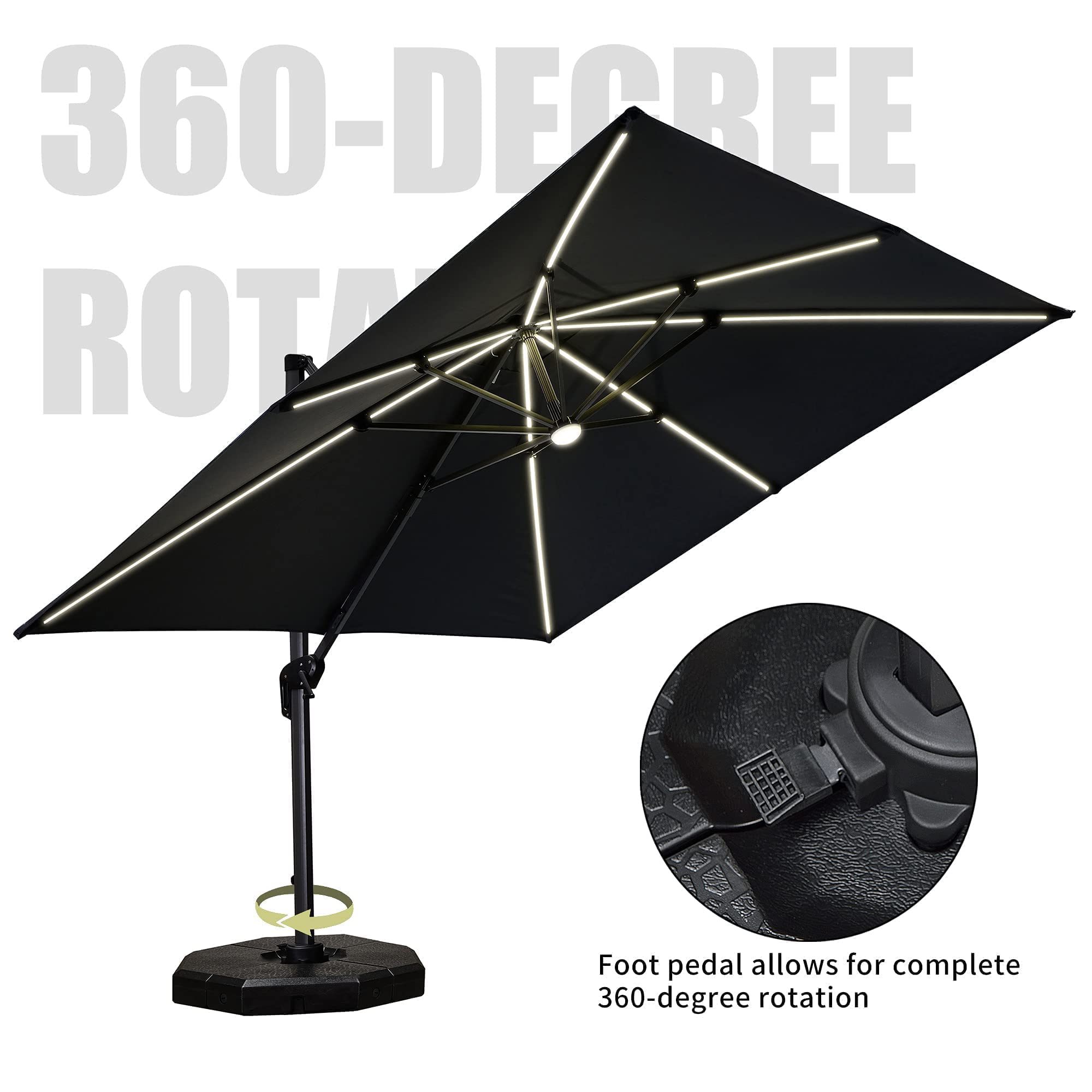 PURPLE LEAF 10'×10' Patio Umbrella Outdoor Cantilever Solar Powered LED Square Umbrella Aluminum Offset Umbrella