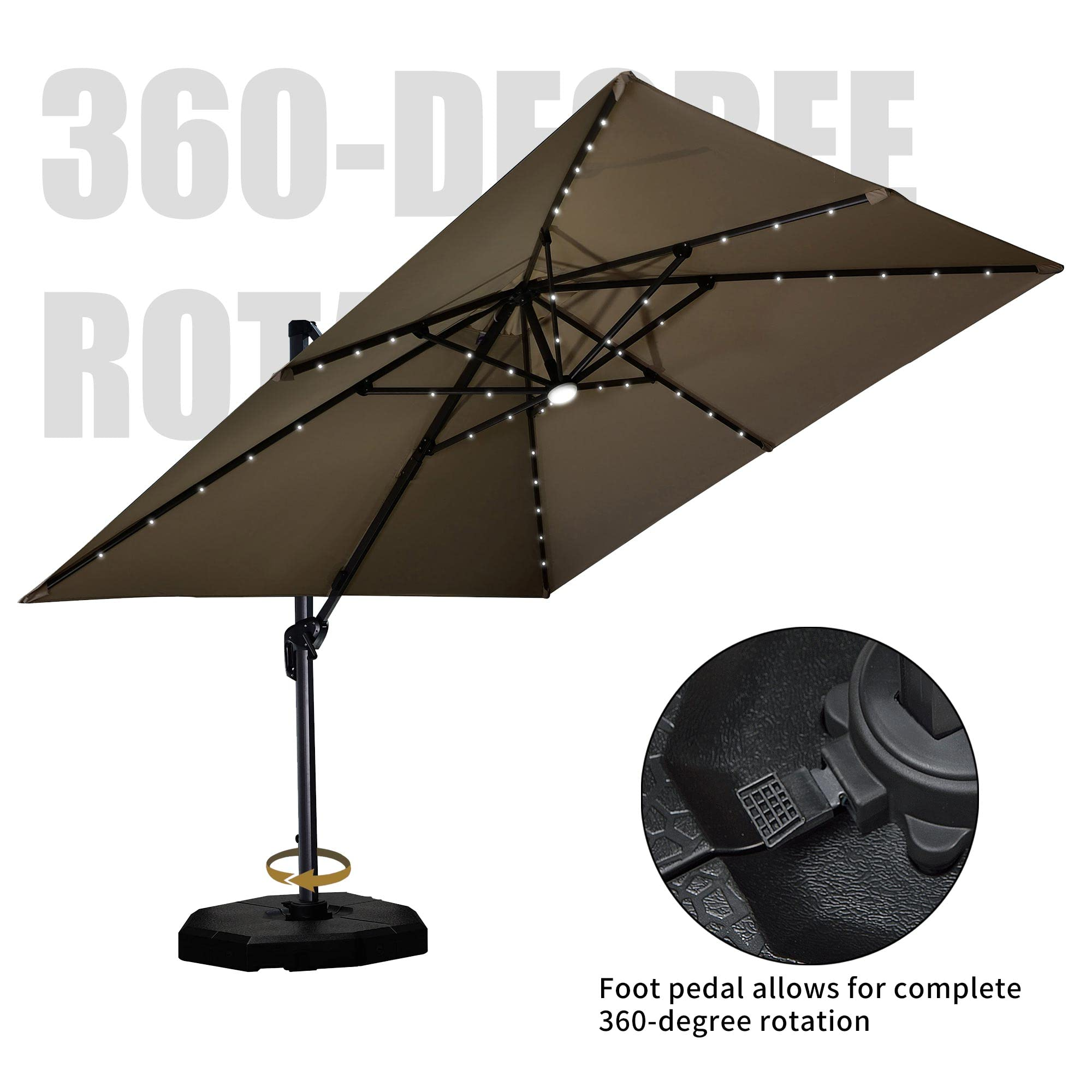 PURPLE LEAF 10'×10' Patio Umbrella Outdoor Cantilever Solar Powered LED Square Umbrella Aluminum Offset Umbrella
