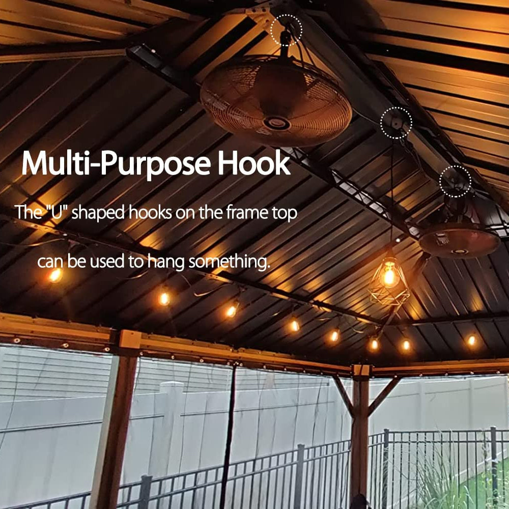 PURPLE LEAF Hardtop Gazebo For Patio Wood Grain Galvanized Steel Frame Awning With Netting