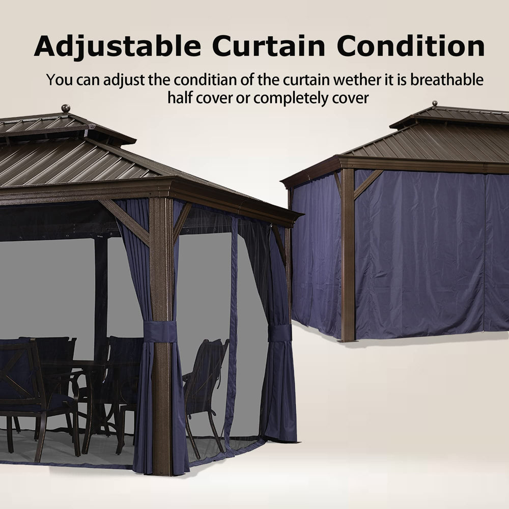 PURPLE LEAF Outdoor Hardtop Gazebo For Patio Bronze Aluminum Frame Pavilion With Navy-Blue Curtain