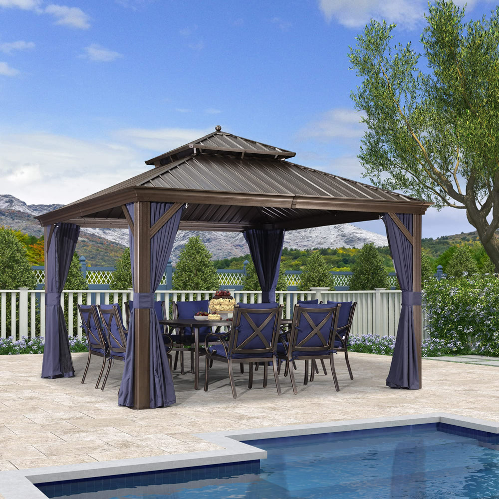 PURPLE LEAF Outdoor Hardtop Gazebo For Patio Bronze Aluminum Frame Pavilion With Navy-Blue Curtain