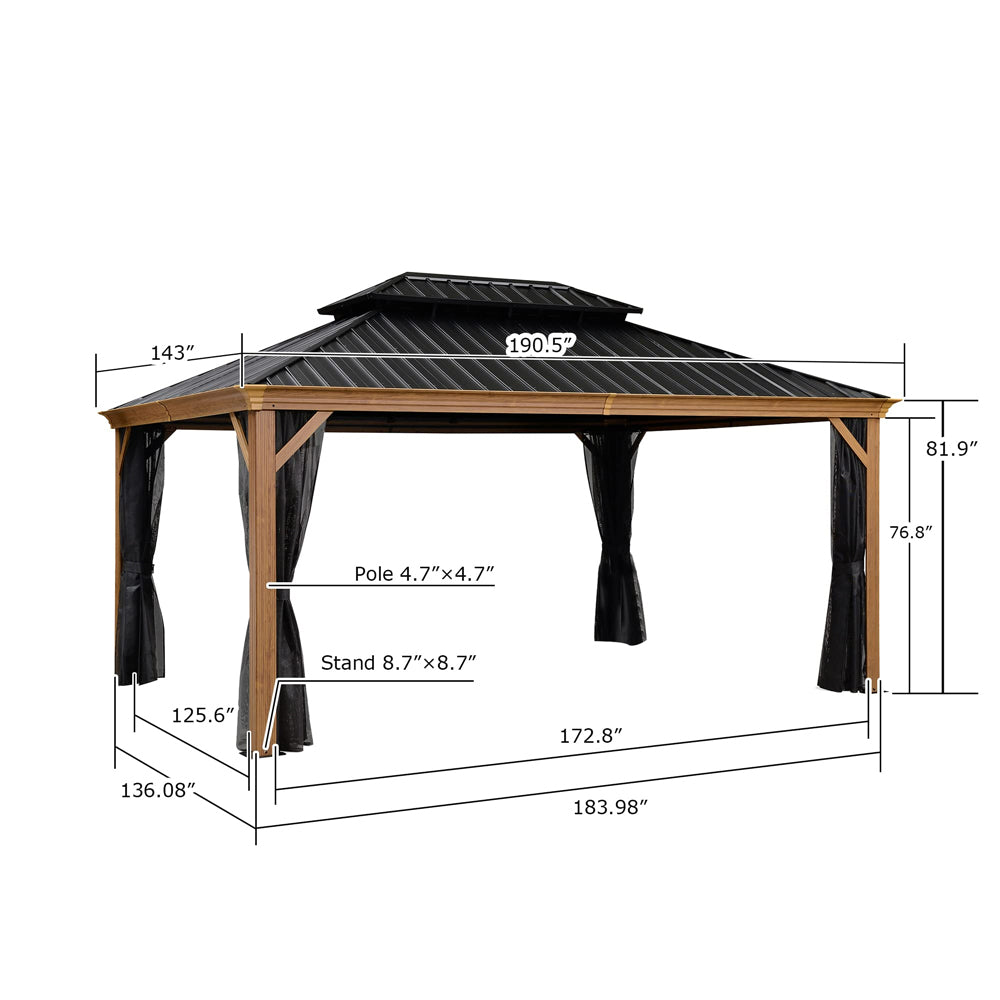 PURPLE LEAF Hardtop Gazebo For Patio Wood Grain Galvanized Steel Frame Awning With Netting