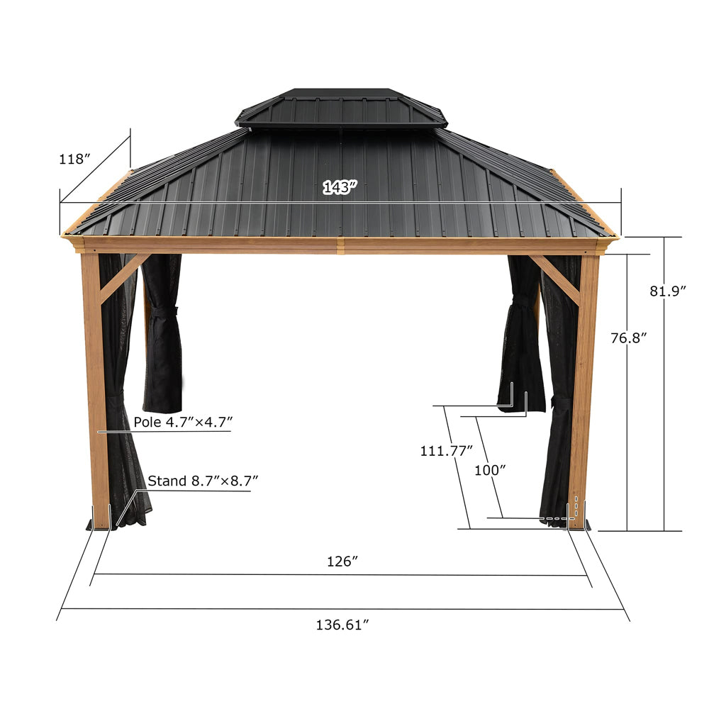PURPLE LEAF Hardtop Gazebo For Patio Wood Grain Galvanized Steel Frame Awning With Netting
