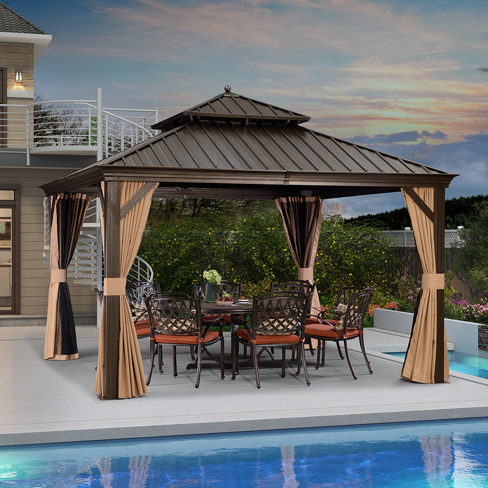 PURPLE LEAF Outdoor Hardtop Gazebo For Garden Bronze Double Roof Aluminum Frame Pavilion