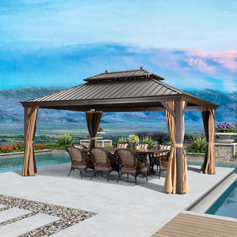 PURPLE LEAF Outdoor Hardtop Gazebo For Garden Bronze Double Roof Aluminum Frame Pavilion