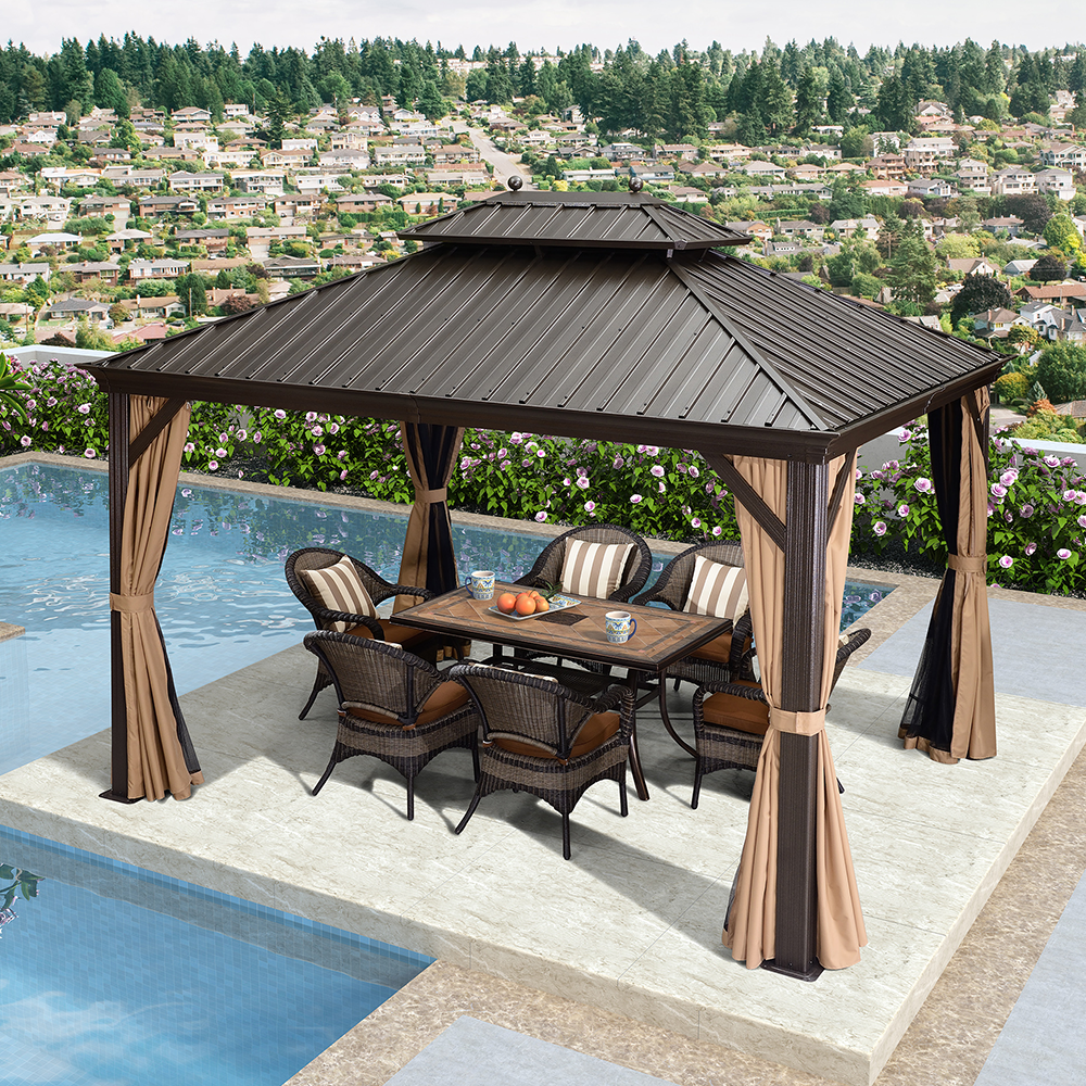PURPLE LEAF Outdoor Hardtop Gazebo For Garden Bronze Double Roof Aluminum Frame Pavilion