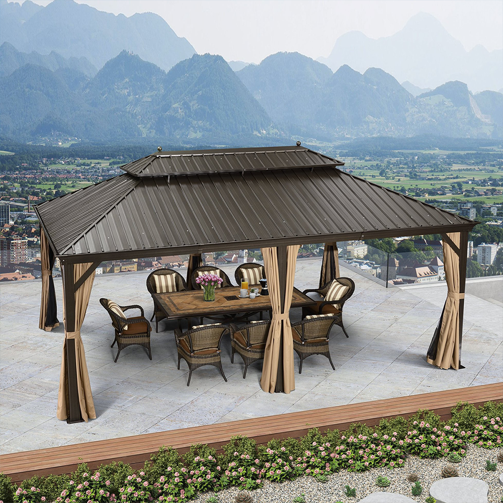 PURPLE LEAF Outdoor Hardtop Gazebo For Garden Bronze Double Roof Aluminum Frame Pavilion