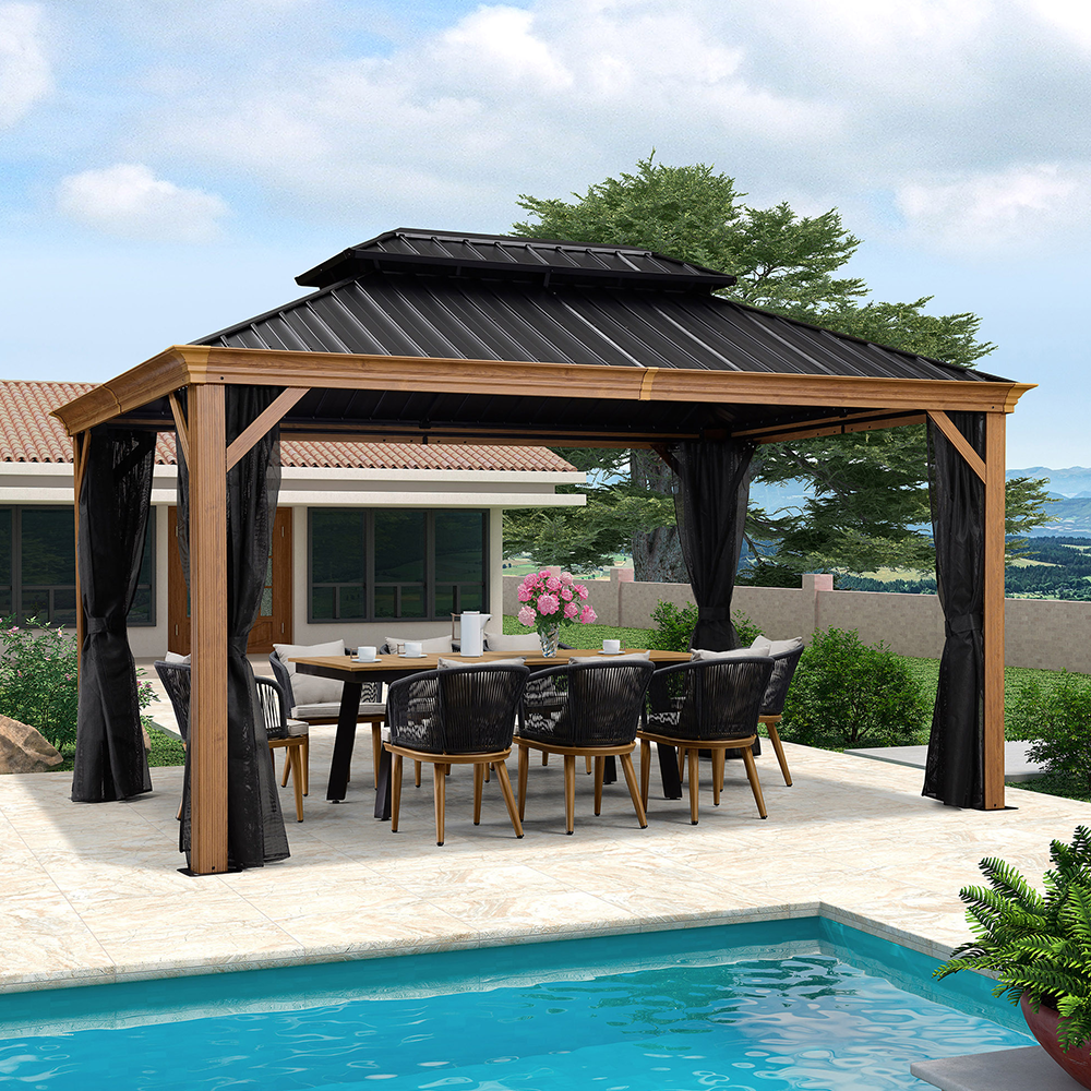 PURPLE LEAF Hardtop Gazebo For Patio Wood Grain Galvanized Steel Frame Awning With Netting