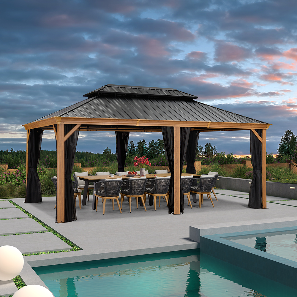 PURPLE LEAF Hardtop Gazebo For Patio Wood Grain Galvanized Steel Frame Awning With Netting