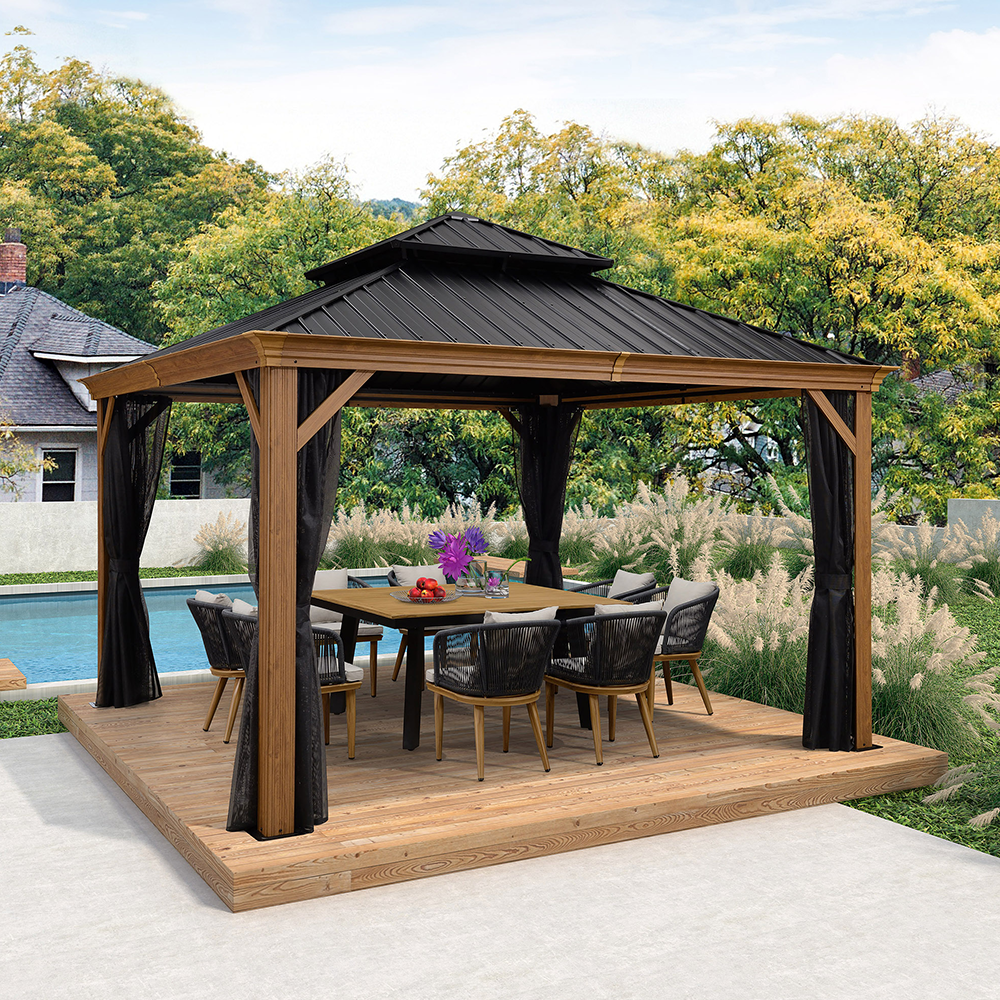PURPLE LEAF Hardtop Gazebo For Patio Wood Grain Galvanized Steel Frame Awning With Netting