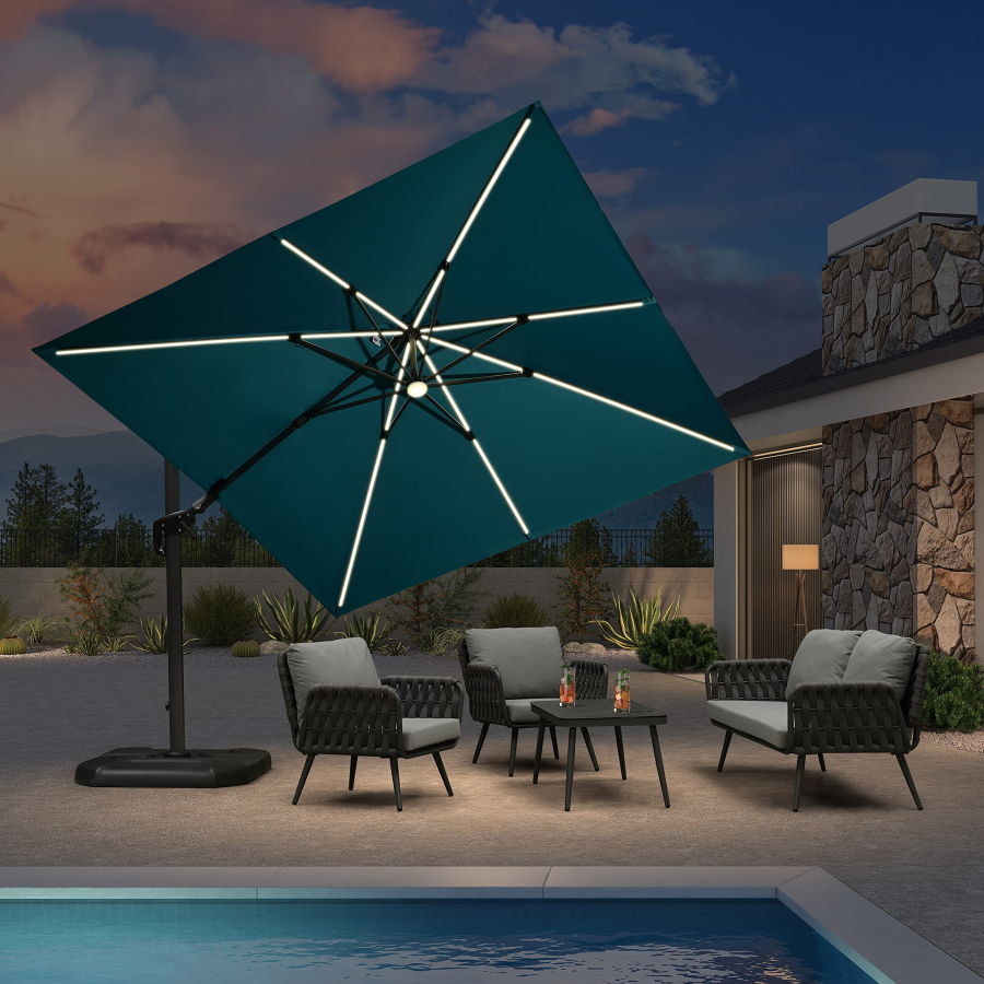 PURPLE LEAF 10'×10' Patio Umbrella Outdoor Cantilever Solar Powered LED Square Umbrella Aluminum Offset Umbrella