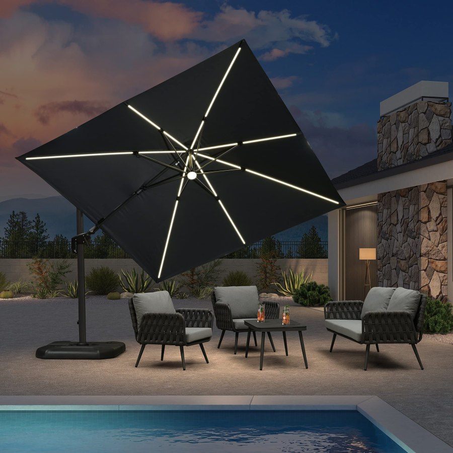 PURPLE LEAF 10'×10' Patio Umbrella Outdoor Cantilever Solar Powered LED Square Umbrella Aluminum Offset Umbrella
