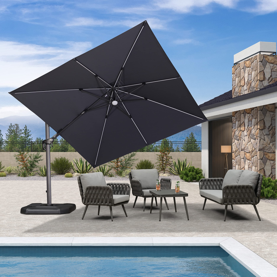 PURPLE LEAF 10'×10' Patio Umbrella Outdoor Cantilever Solar Powered LED Square Umbrella Aluminum Offset Umbrella