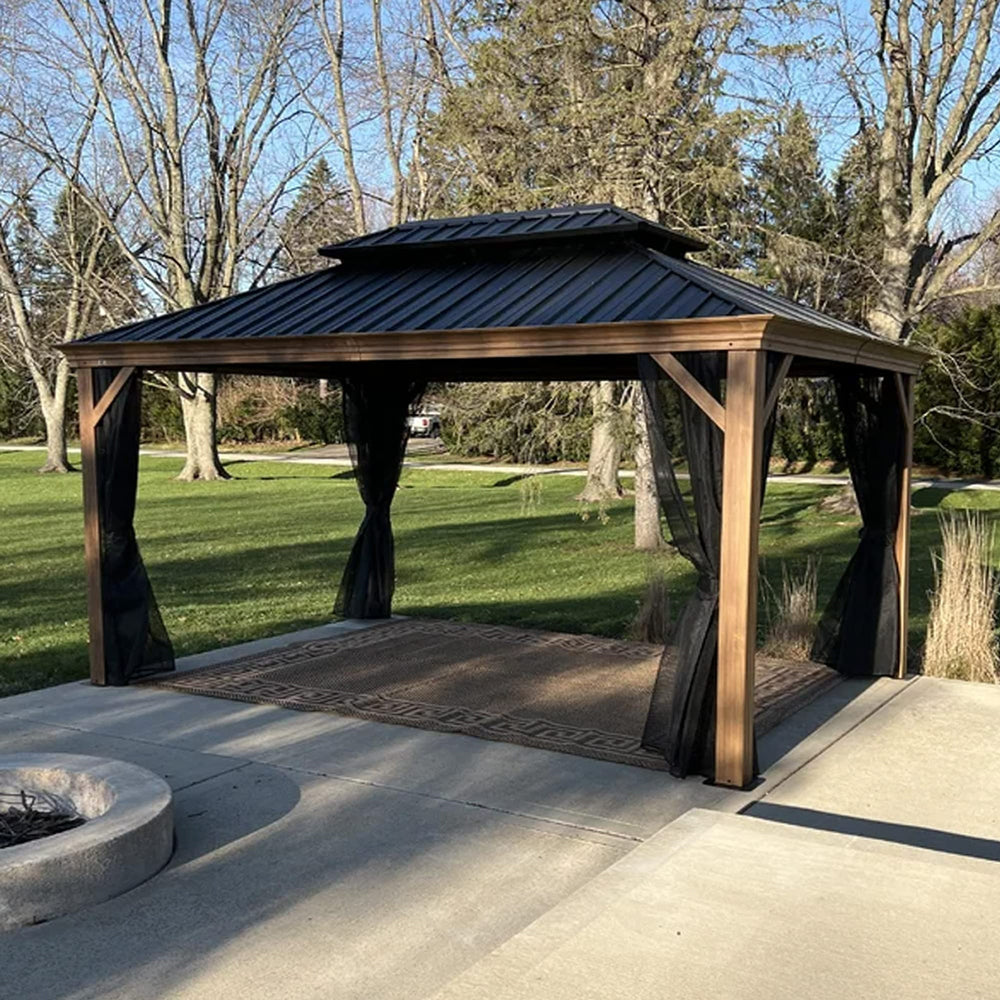 PURPLE LEAF Hardtop Gazebo For Patio Wood Grain Galvanized Steel Frame Awning With Netting