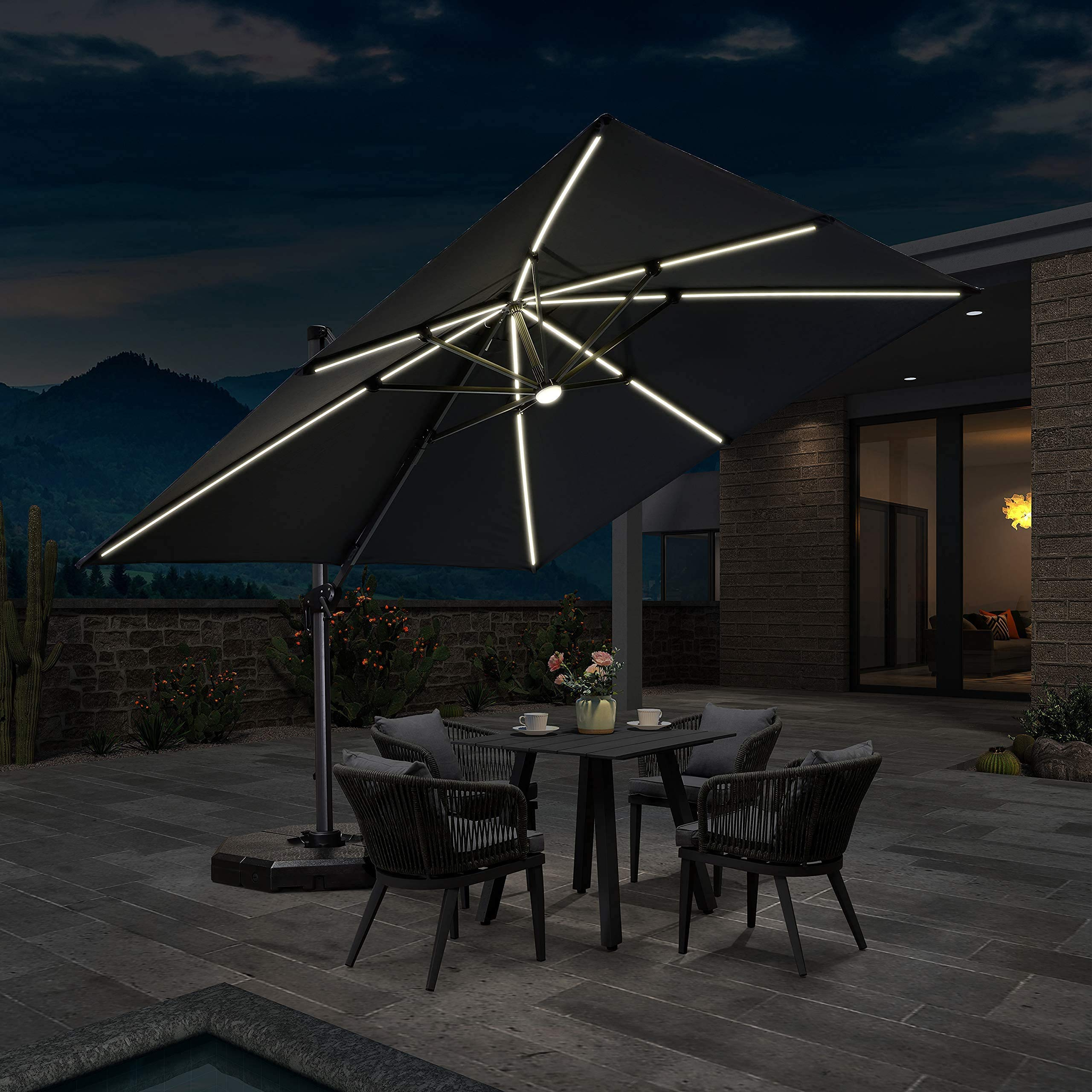 PURPLE LEAF 10'×10' Patio Umbrella Outdoor Cantilever Solar Powered LED Square Umbrella Aluminum Offset Umbrella