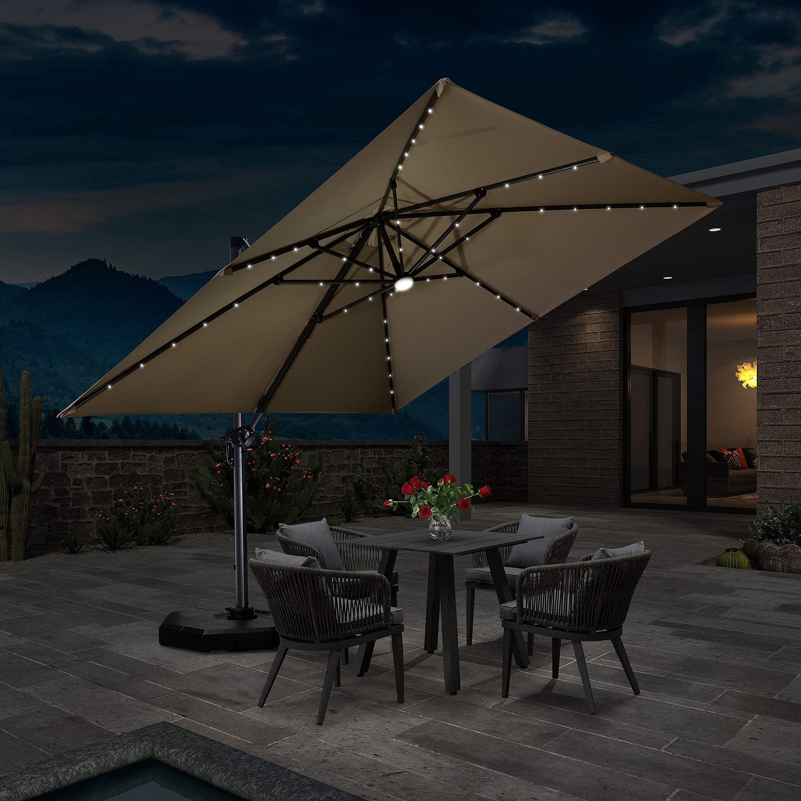 PURPLE LEAF 10'×10' Patio Umbrella Outdoor Cantilever Solar Powered LED Square Umbrella Aluminum Offset Umbrella