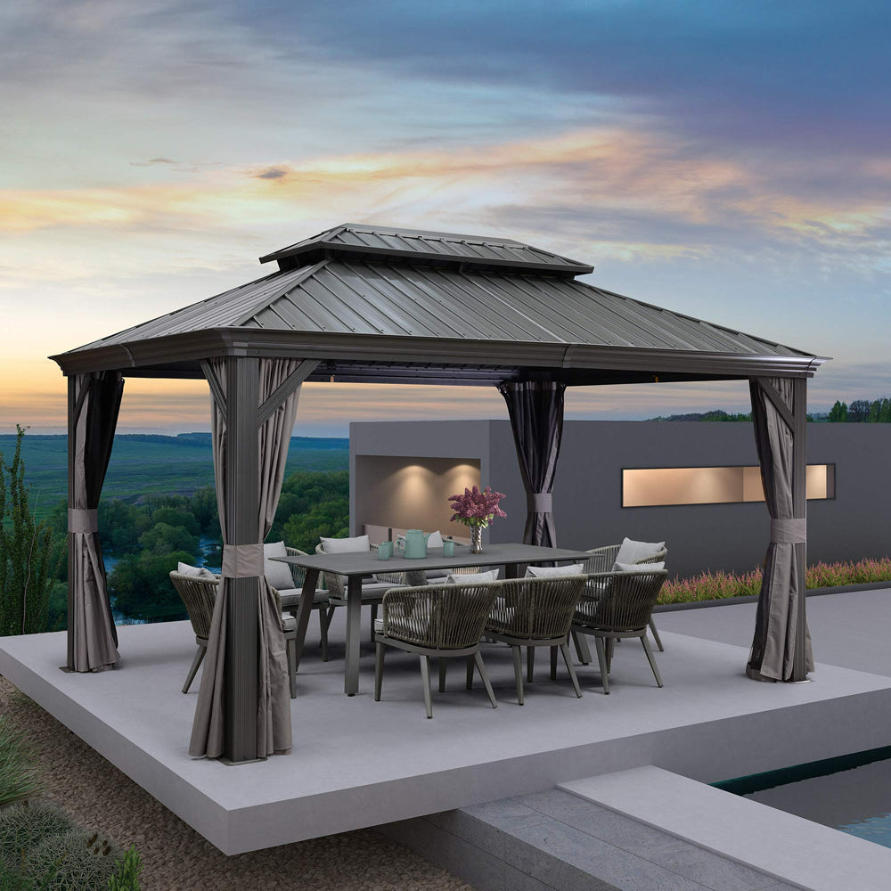 PURPLE LEAF Patio Gazebo For Backyard Grey Hardtop Galvanized Steel Roof Awning With Upgrade Curtain