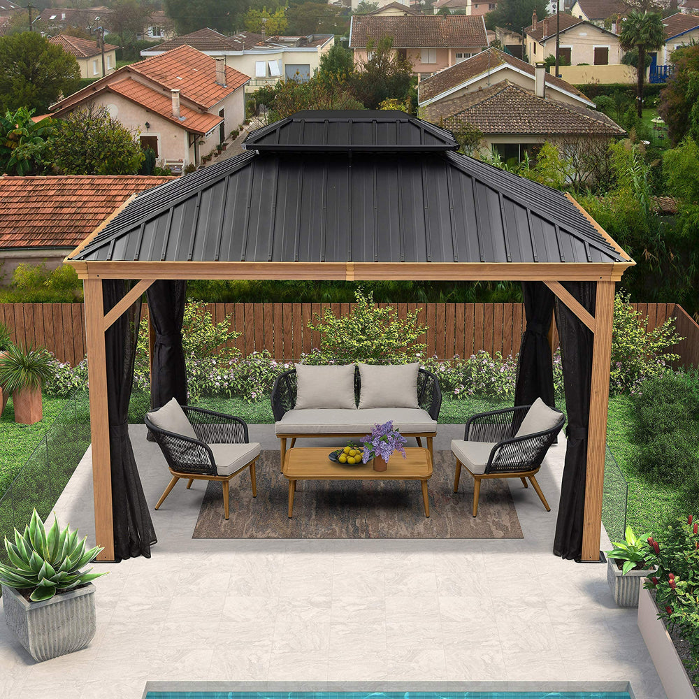 PURPLE LEAF Hardtop Gazebo For Patio Wood Grain Galvanized Steel Frame Awning With Netting