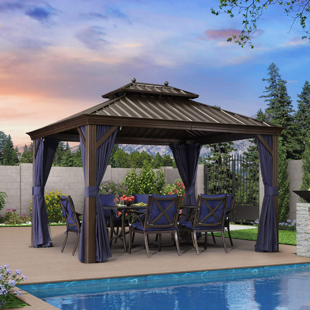 PURPLE LEAF Outdoor Hardtop Gazebo For Patio Bronze Aluminum Frame Pavilion With Navy-Blue Curtain
