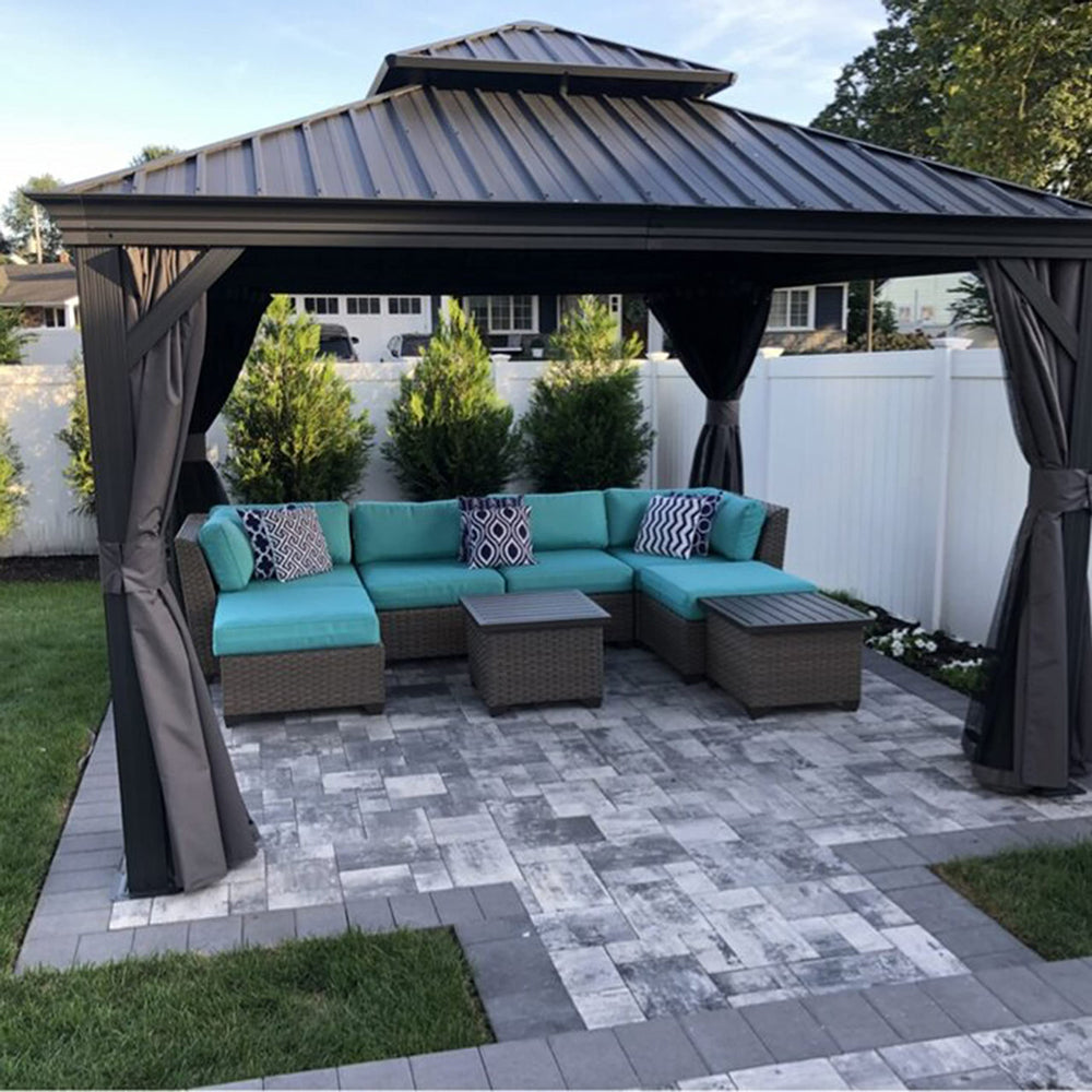 PURPLE LEAF Patio Gazebo For Backyard Grey Hardtop Galvanized Steel Roof Awning With Upgrade Curtain