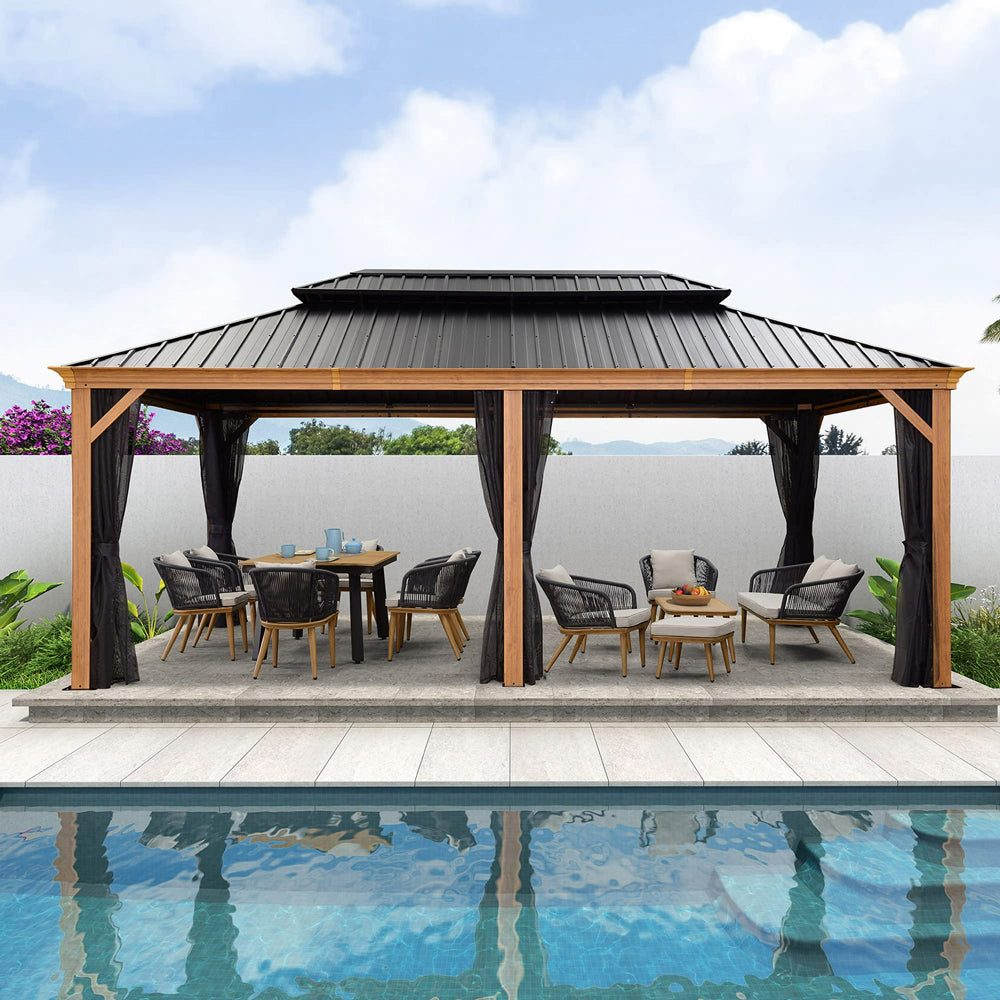 PURPLE LEAF Hardtop Gazebo For Patio Wood Grain Galvanized Steel Frame Awning With Netting