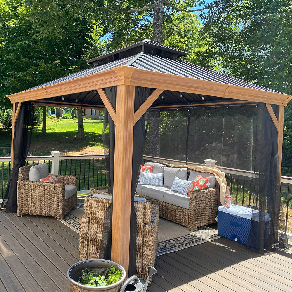 PURPLE LEAF Hardtop Gazebo For Patio Wood Grain Galvanized Steel Frame Awning With Netting