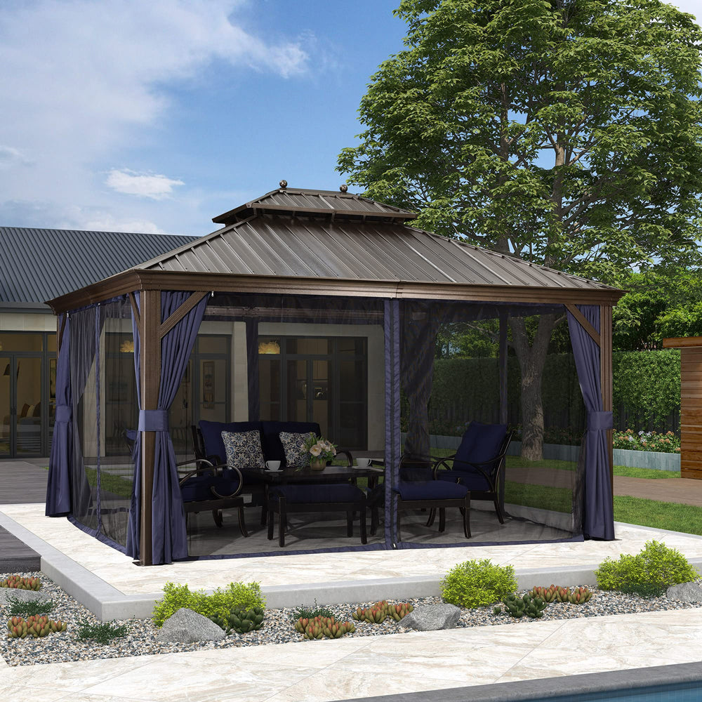 PURPLE LEAF Outdoor Hardtop Gazebo For Patio Bronze Aluminum Frame Pavilion With Navy-Blue Curtain