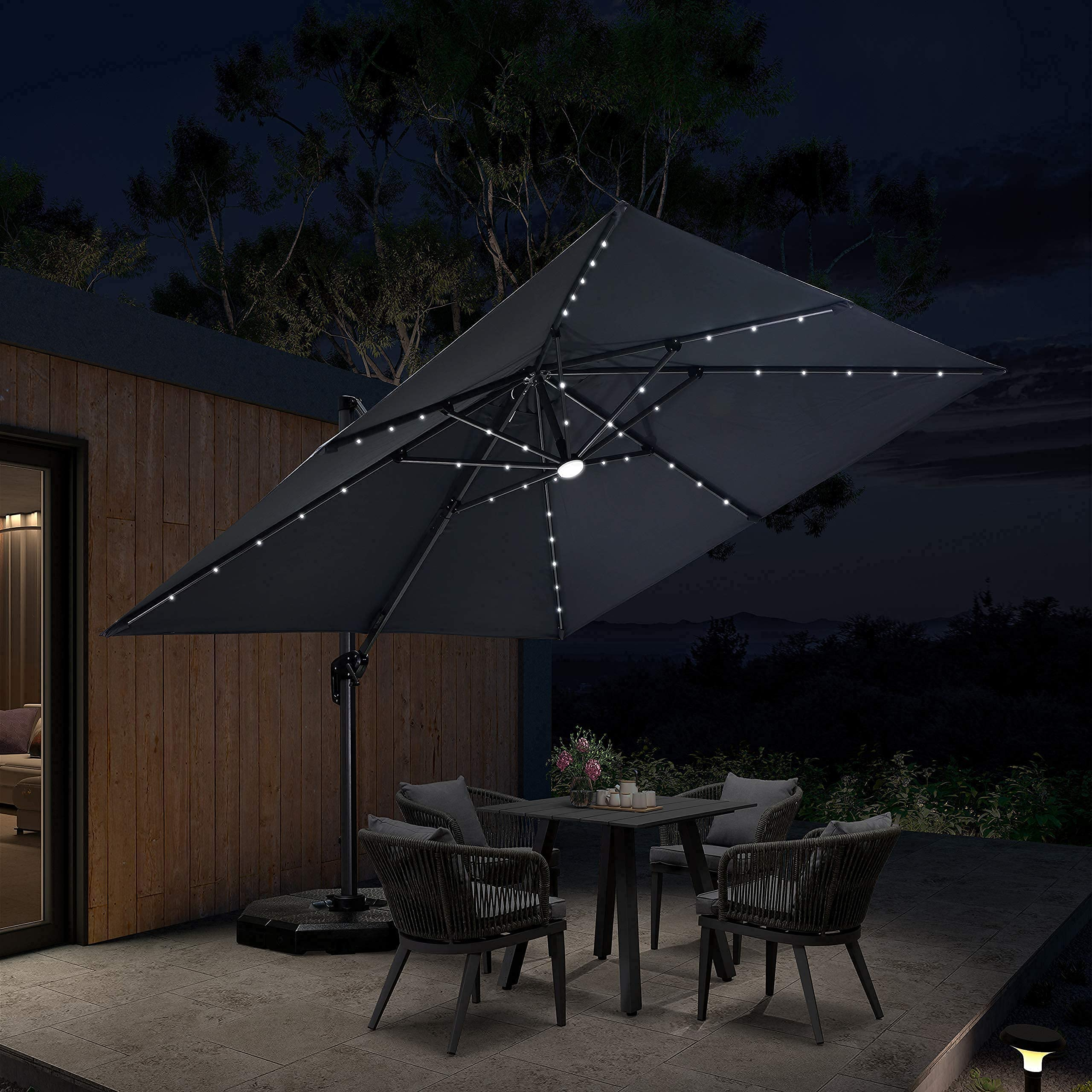 PURPLE LEAF 10'×10' Patio Umbrella Outdoor Cantilever Solar Powered LED Square Umbrella Aluminum Offset Umbrella