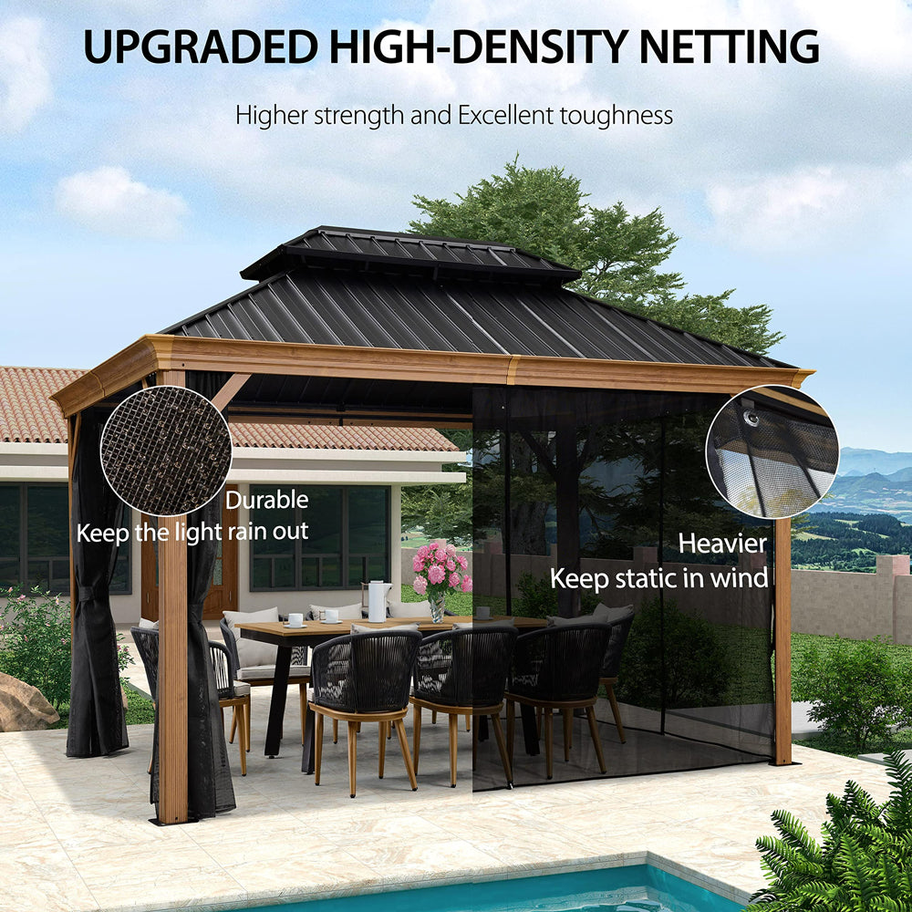 PURPLE LEAF Hardtop Gazebo For Patio Wood Grain Galvanized Steel Frame Awning With Netting