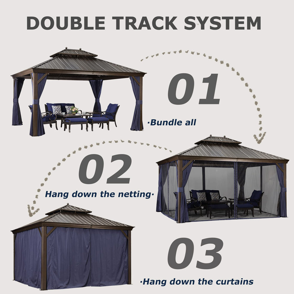 PURPLE LEAF Outdoor Hardtop Gazebo For Patio Bronze Aluminum Frame Pavilion With Navy-Blue Curtain